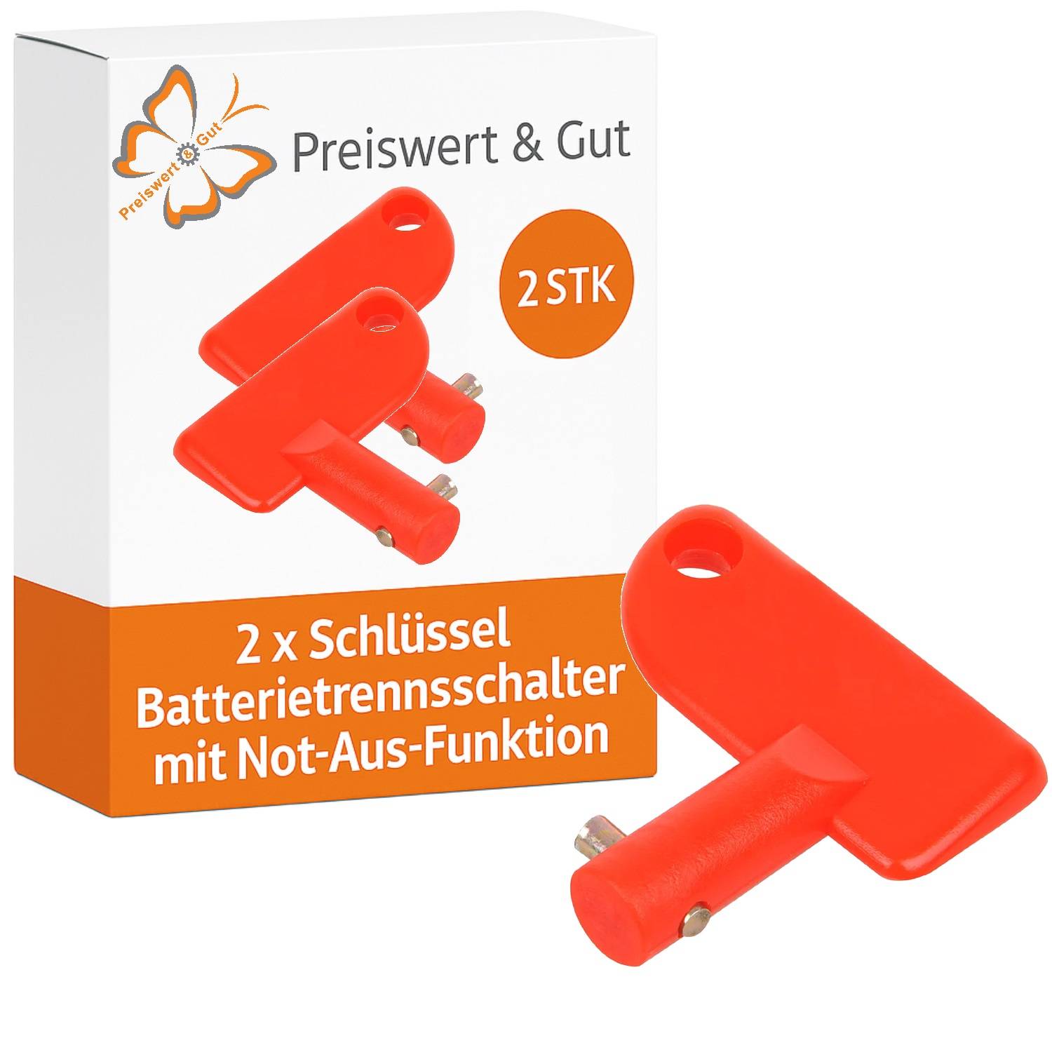 Verpackung eines Batterie-Trennschalter-Schlüsselsatzes. Enthält 2 rote Schlüssel mit Notfallfunktion. Markentext: Preiswert & Gut.