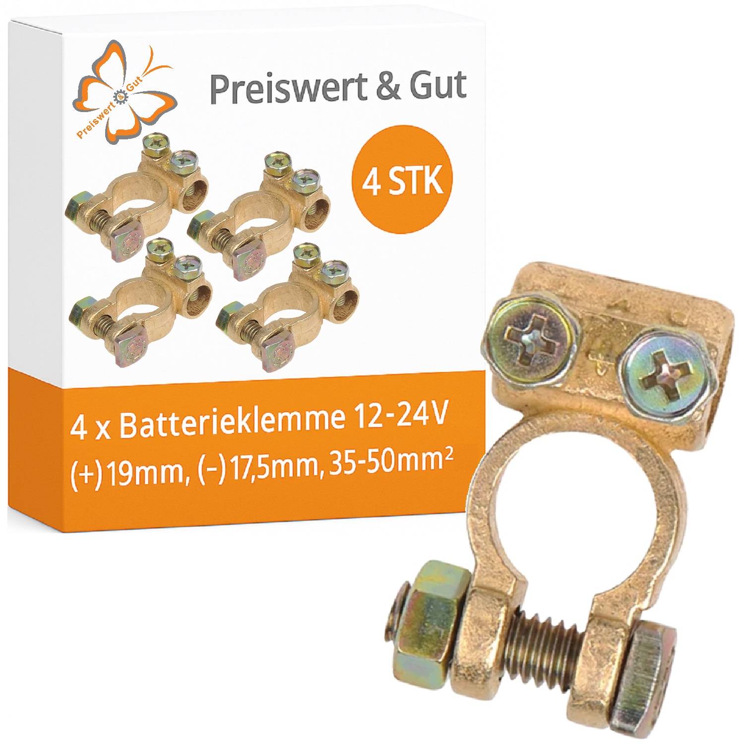 4 x Batterieklemme 12-24V, (+)19mm, (-)17,5mm, 35-50mm²' zeigt einen Satz von vier Batterieklemmen, die für bestimmte Größen und Spannungen geeignet sind.