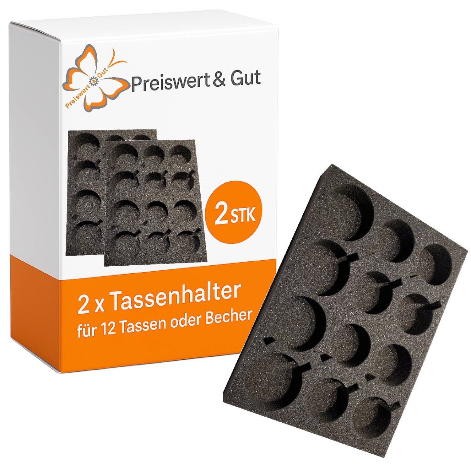 Verpackungsabbildung mit der Aufschrift '2 x Tassenhalter für 12 Tassen oder Becher', mit einem Schaumstoff-Becherhalter für 12 Tassen oder Becher, beschriftet mit 'Preiswert & Gut'.