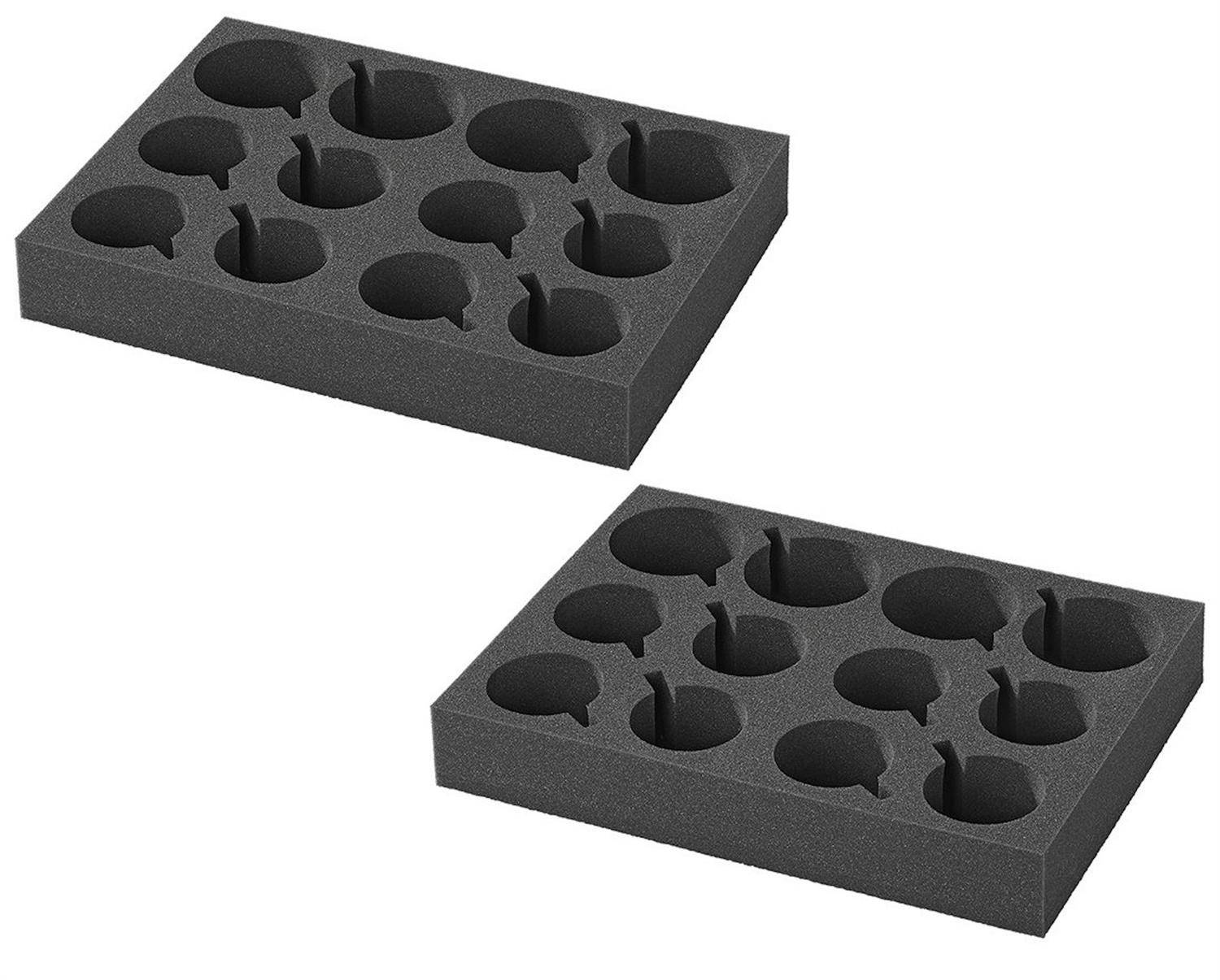 Zwei graue Schaumstoffablagen verfügen über Vertiefungen in Form von Sprechblasen, die entwickelt wurden, um kleine Gegenstände oder Werkzeuge sicher zu halten und zu organisieren.