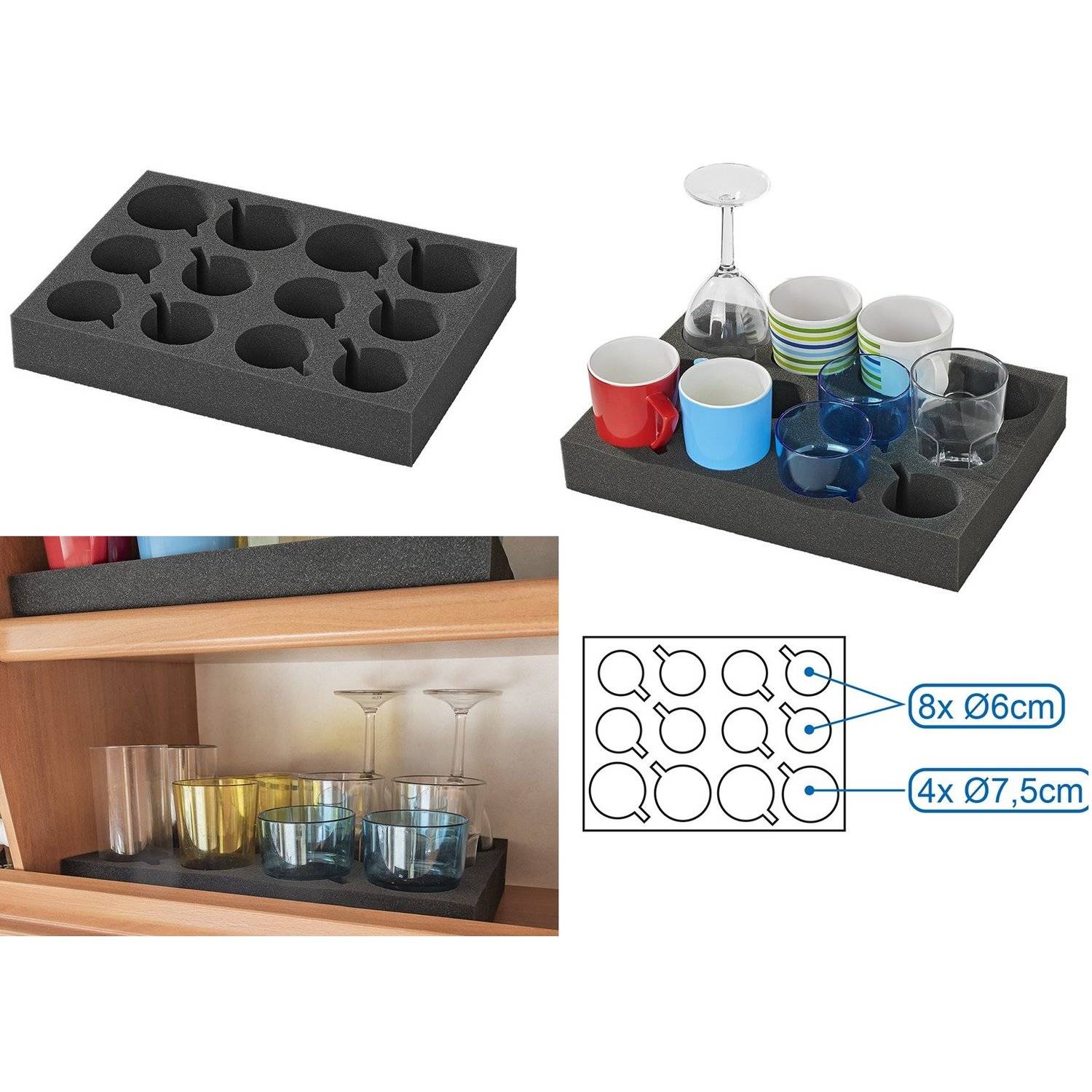 Muggi-Mehrzweck-Ablage mit Fächern hält Tassen, Gläser und Becher verschiedener Größen, in einem Schrank zur Organisationszwecken dargestellt.