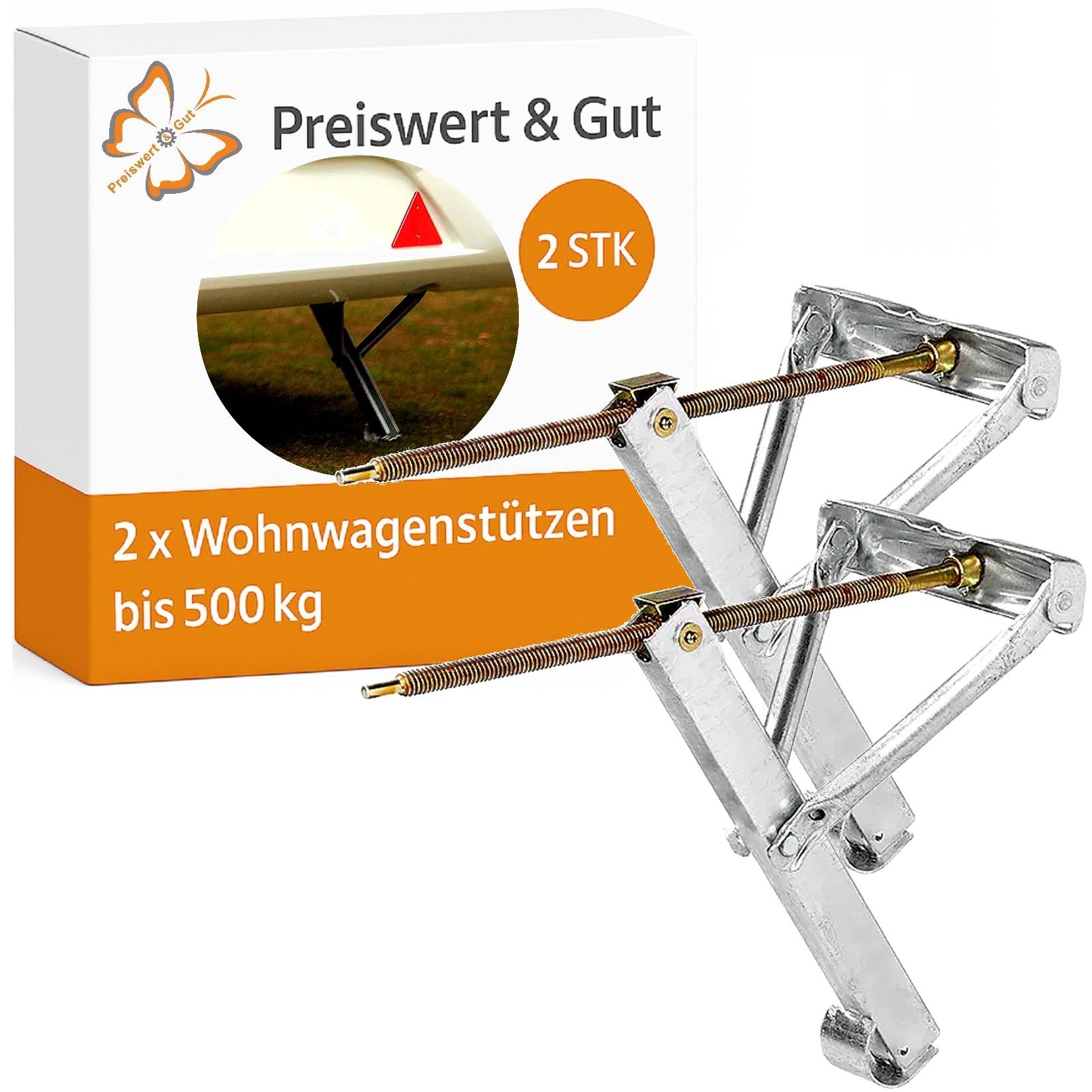 Zwei Metallstützen für Wohnwagen, die bis zu 500 kg tragen können, werden neben ihrer Verpackung mit der Markenbezeichnung 'Preiswert & Gut' präsentiert.