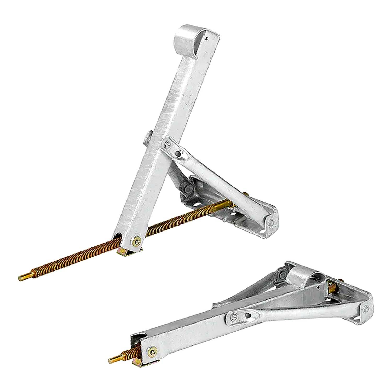 Ein silberfarbenes mechanisches Werkzeug mit Scherenhebel-Design, ausgestattet mit zwei Hauptarmen und einer Gewindeschraube zum Anheben oder Abstützen von Objekten.