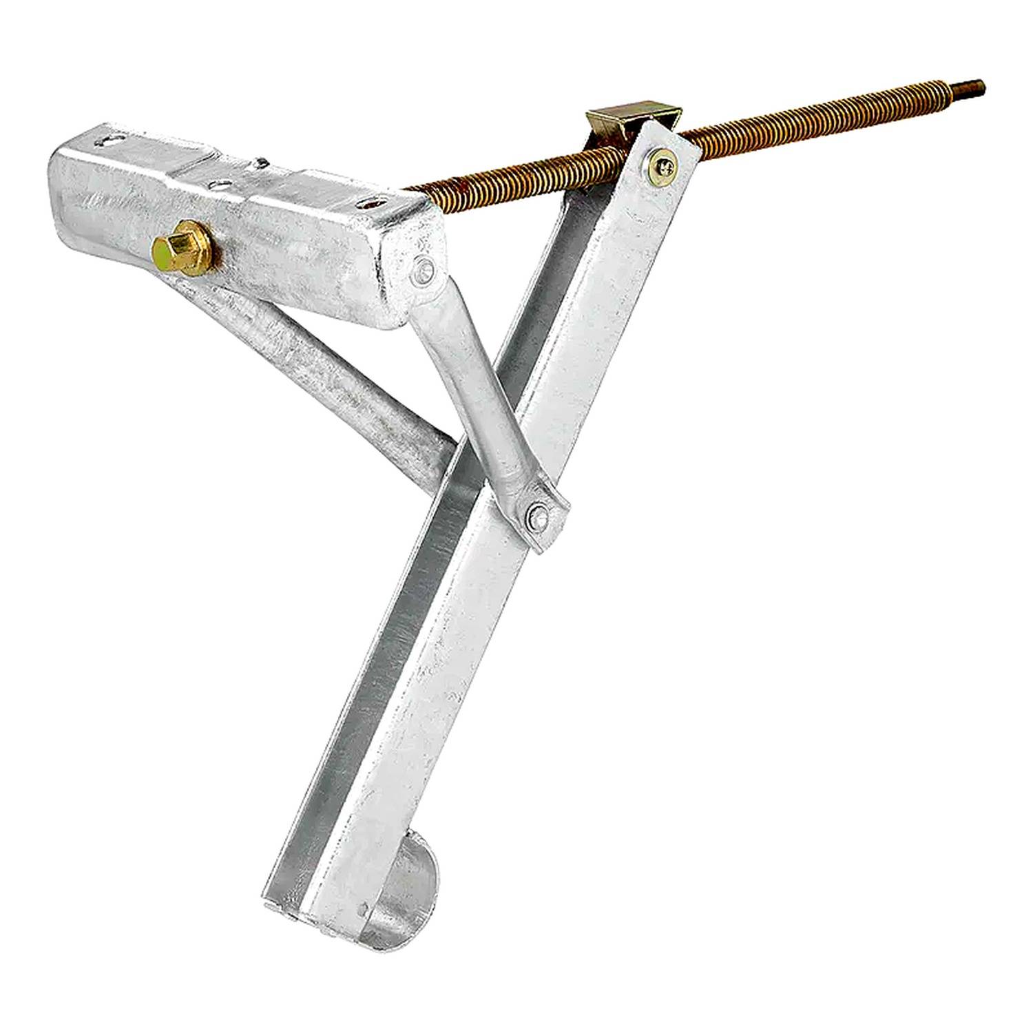 Eine silberne Metallscherenhebebühne mit einer Gewindestange, die zum Anheben von Fahrzeugen verwendet wird und sich in einer teilweise ausgefahrenen Position befindet.