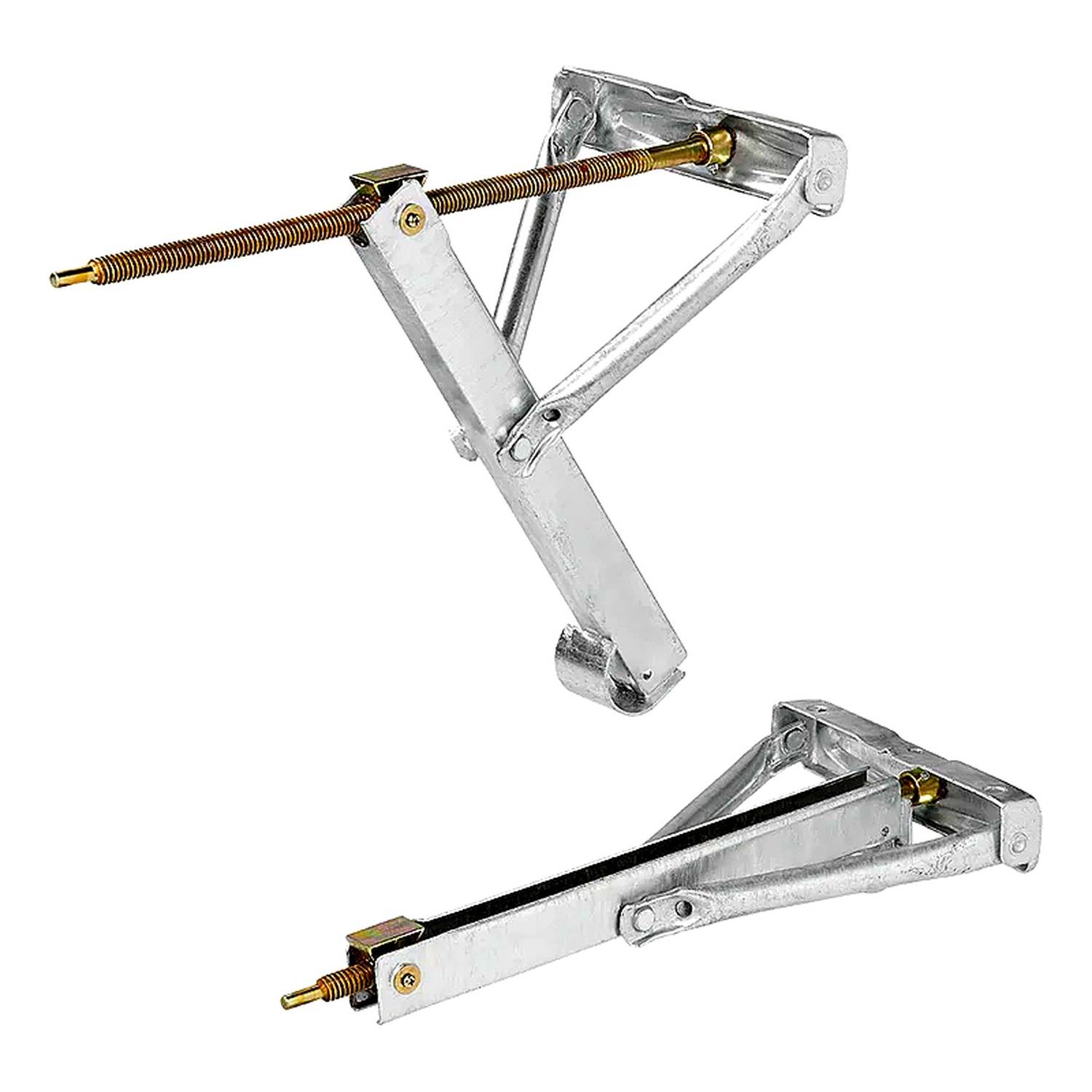 Zwei Scherenwaben mit Schraubenmechanismen, in gefalteter Position dargestellt. Aus Metall gefertigt, mit dreieckiger Rahmengestaltung.