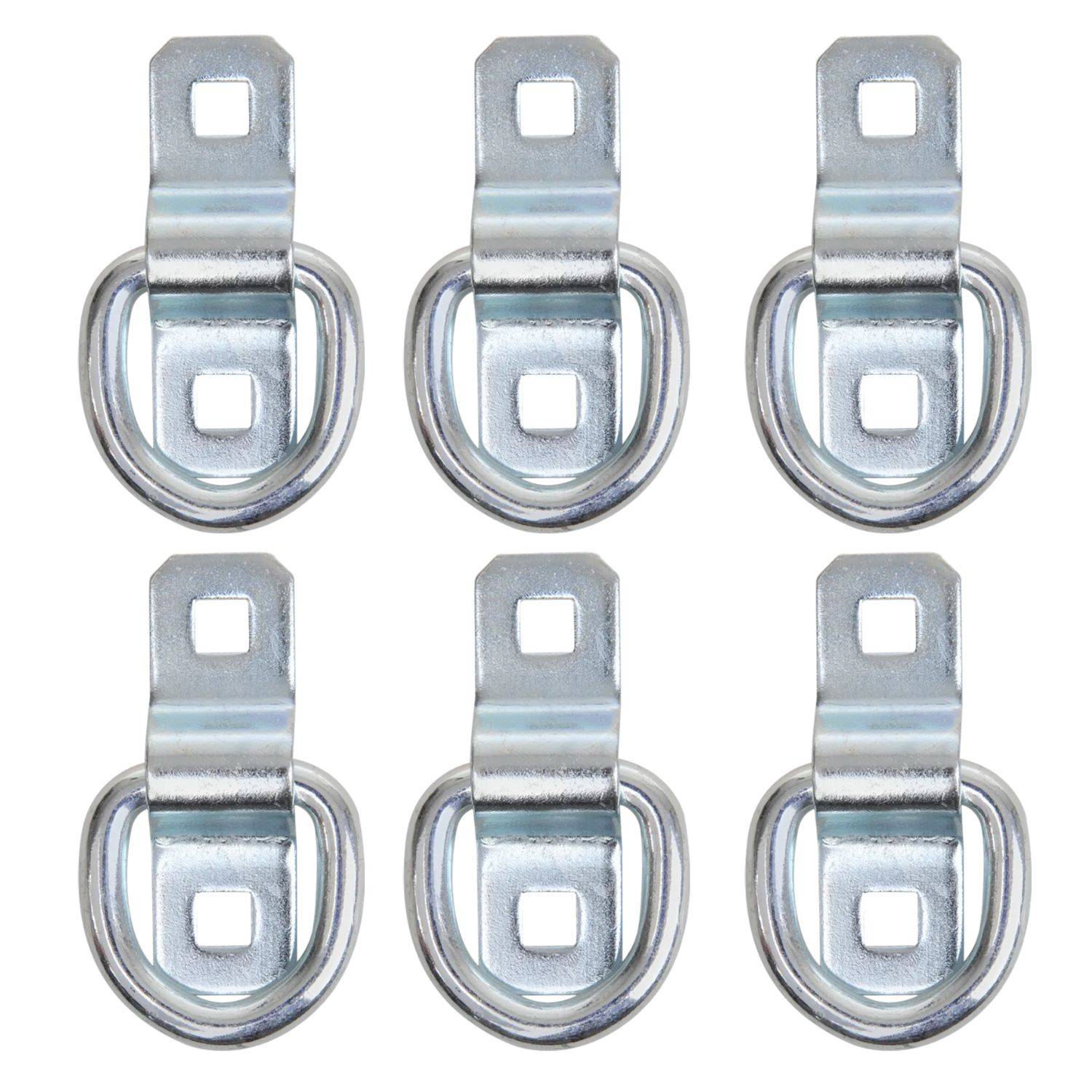 Sechs Metall-D-Ring-Befestigungen, jede mit zwei Montagelöchern, in zwei Reihen zu je drei angeordnet.