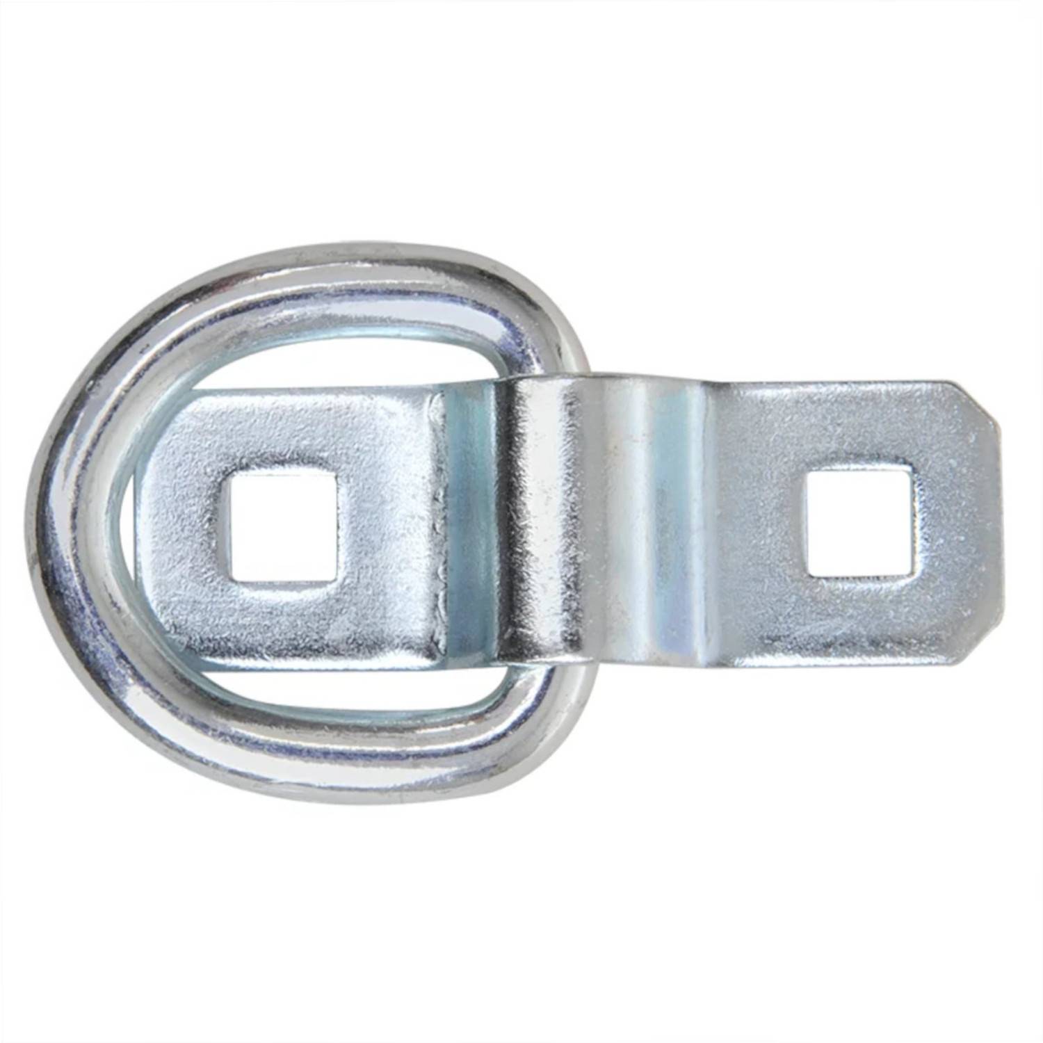 Ein metallischer D-Ring-Befestigungspunkt zum Sichern von Lasten, mit einer quadratischen Montageplatte und zwei Löchern zur Befestigung.