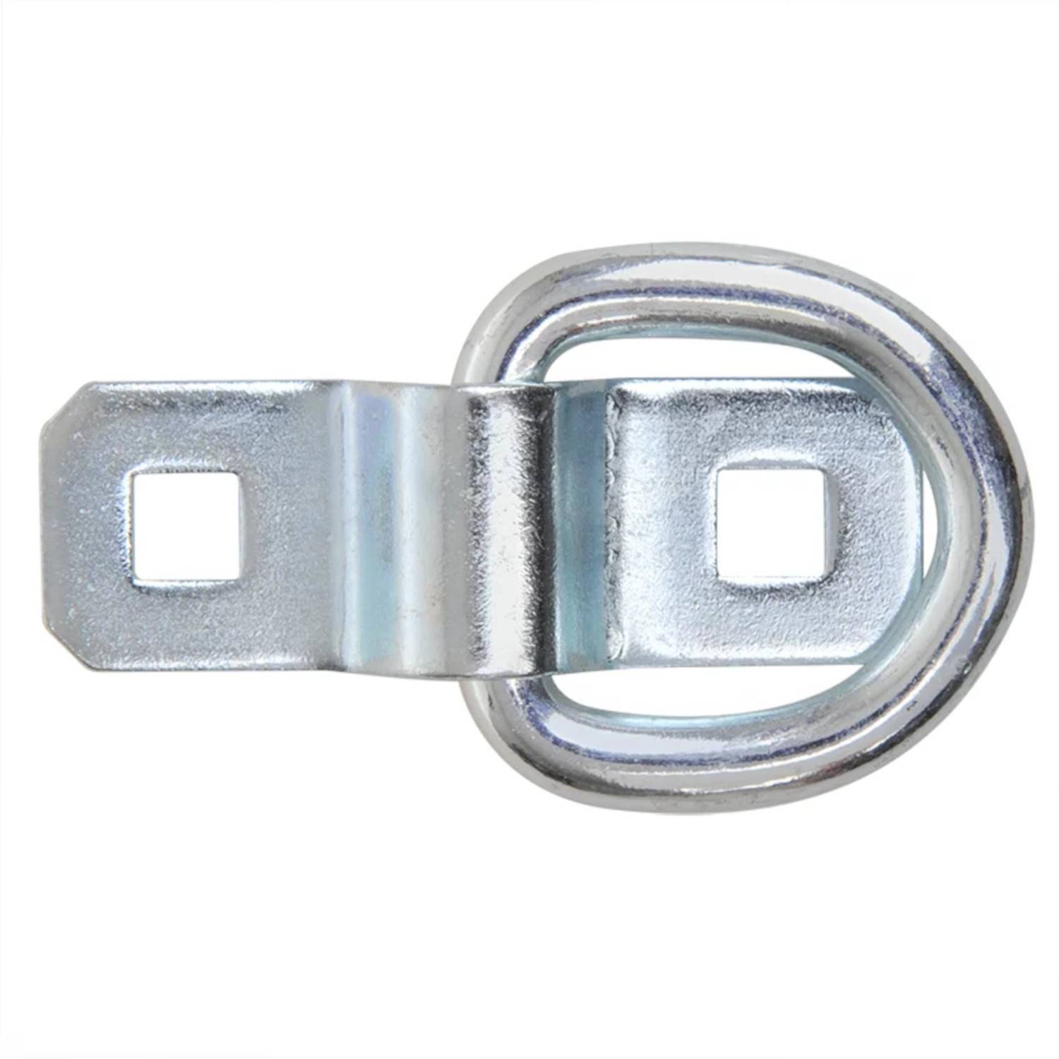 Ein metallischer Zurring mit quadratischer Befestigungsplatte, der zum Fixieren von Gegenständen verwendet wird.