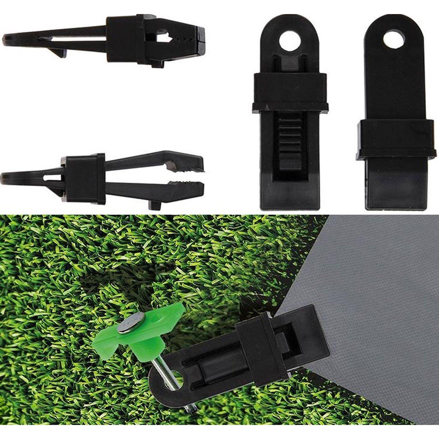 Mehrzweck-Zeltklammern werden gezeigt, wie sie Stoff und Rasen greifen; öffnet und sichert Materialien mit einem robusten Klemmdesign.