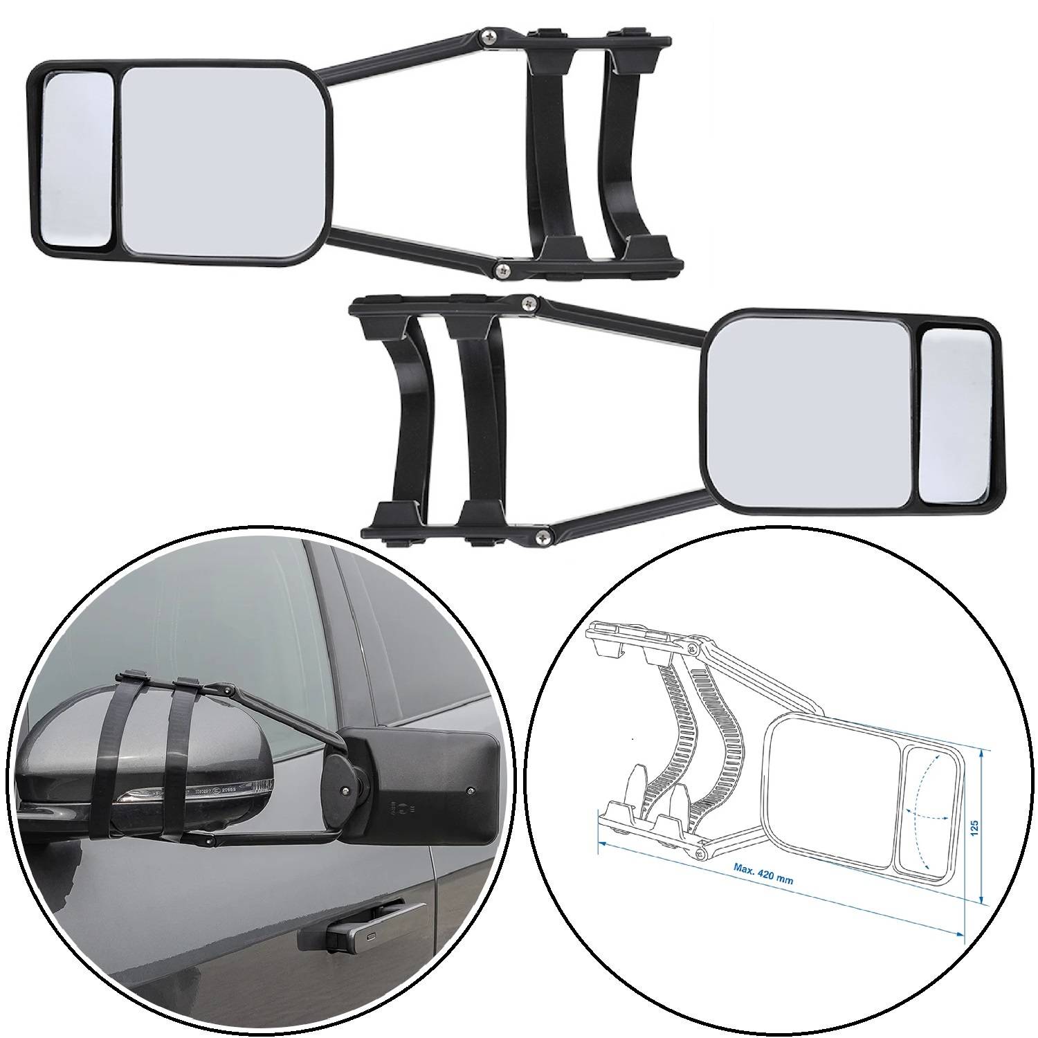 Abschleppspiegeln mit verstellbaren Riemen, die an den Seitenspiegel eines Fahrzeugs angebracht werden. Enthält eine technische Illustration mit Maßangaben.