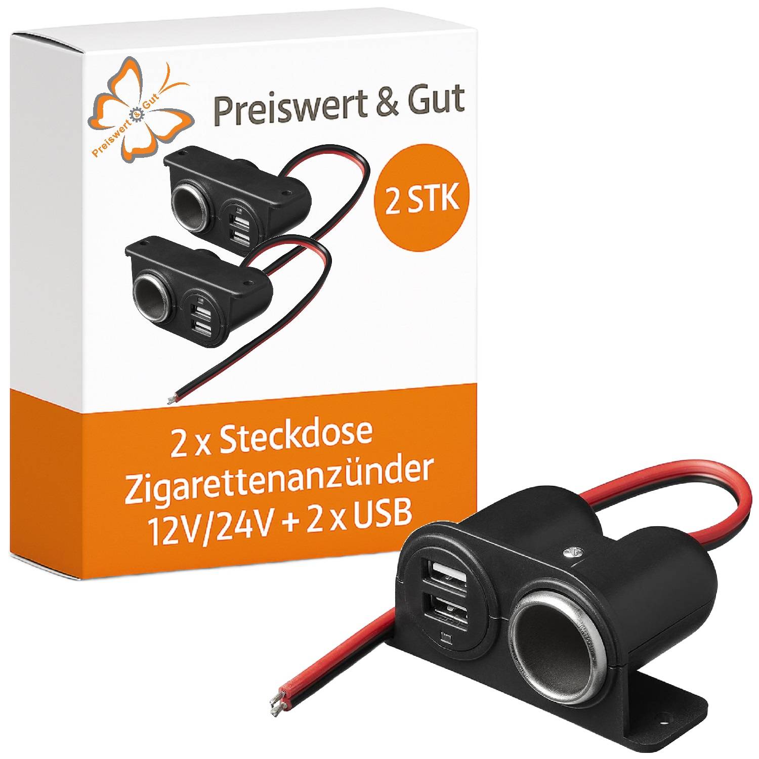 Das Bild zeigt einen Adapter für die Zigarettenanzünderbuchse eines Fahrzeugs. Er verfügt über zwei Steckdosen mit USB-Anschlüssen, der für 12V/24V Stromversorgung ausgelegt ist.