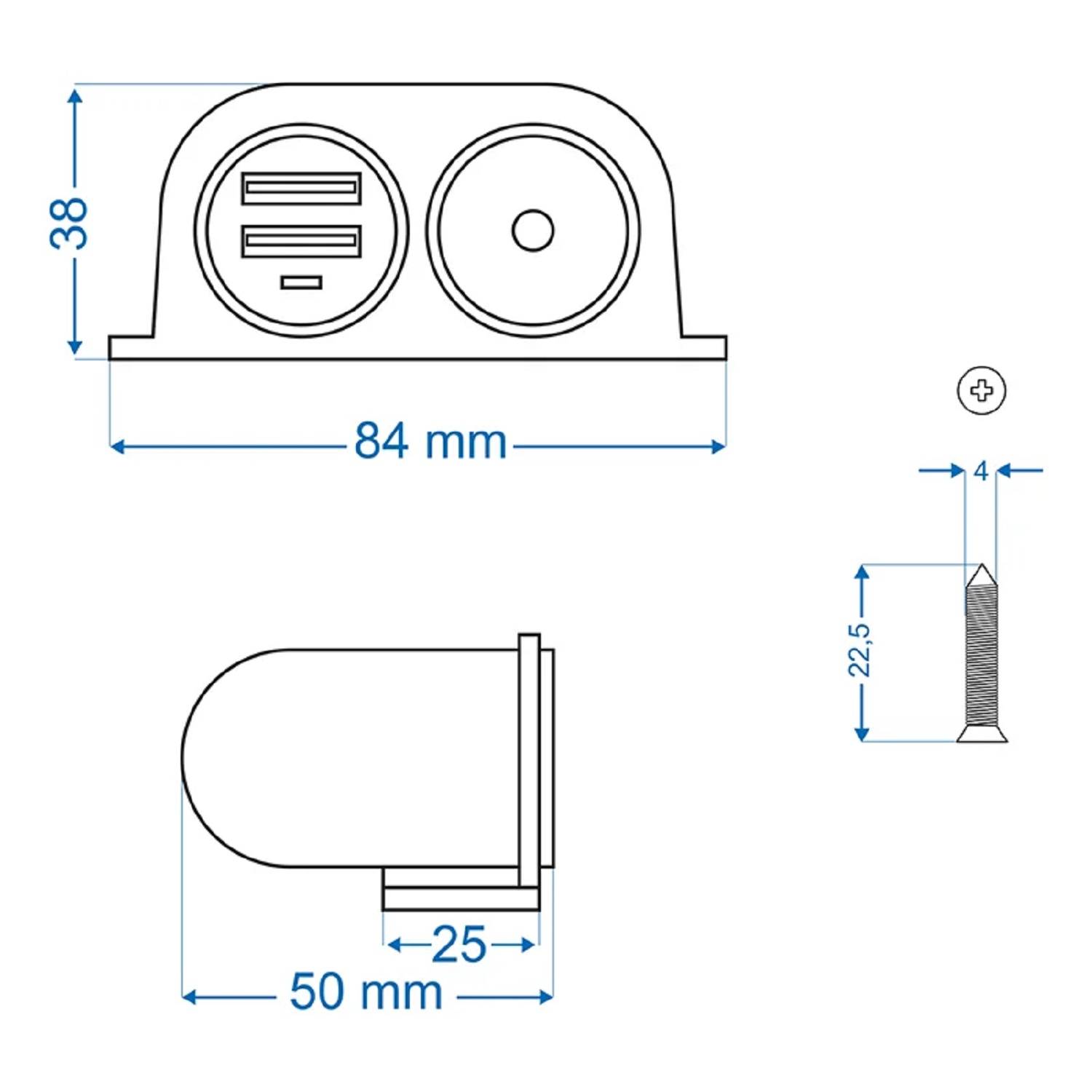 Technische Zeichnung eines USB- und Rundsteckdosenanschlusses. Abmessungen: 84 mm Breite, 38 mm Höhe, 50 mm Tiefe. Beinhaltet Details der Befestigungsschraube.