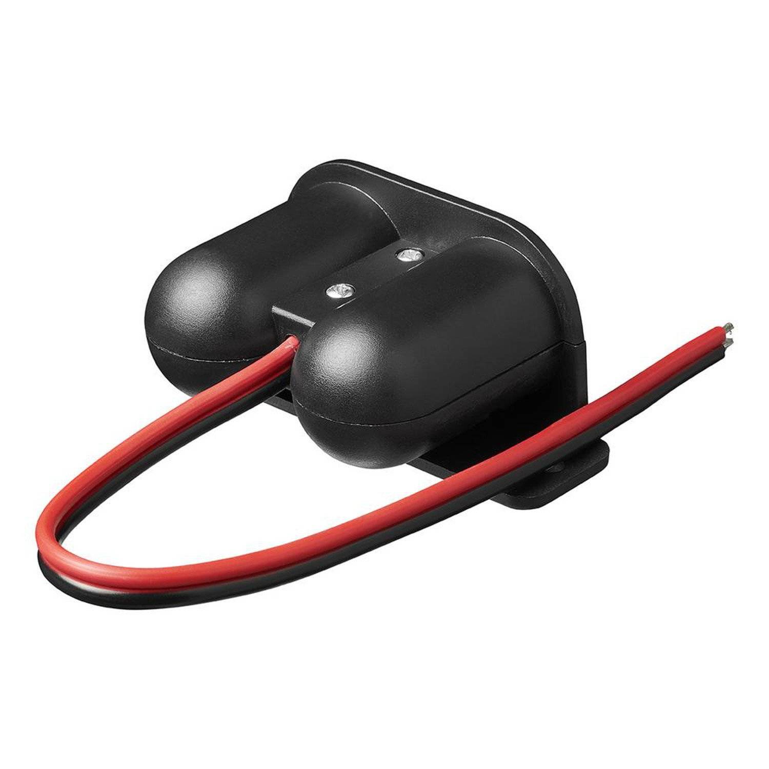 Ein schwarzer Batteriebehälter mit zwei angeschlossenen Kabeln, eines rot und eines schwarz, ausgelegt für zwei zylindrische Batterien, auf weißem Hintergrund gezeigt.