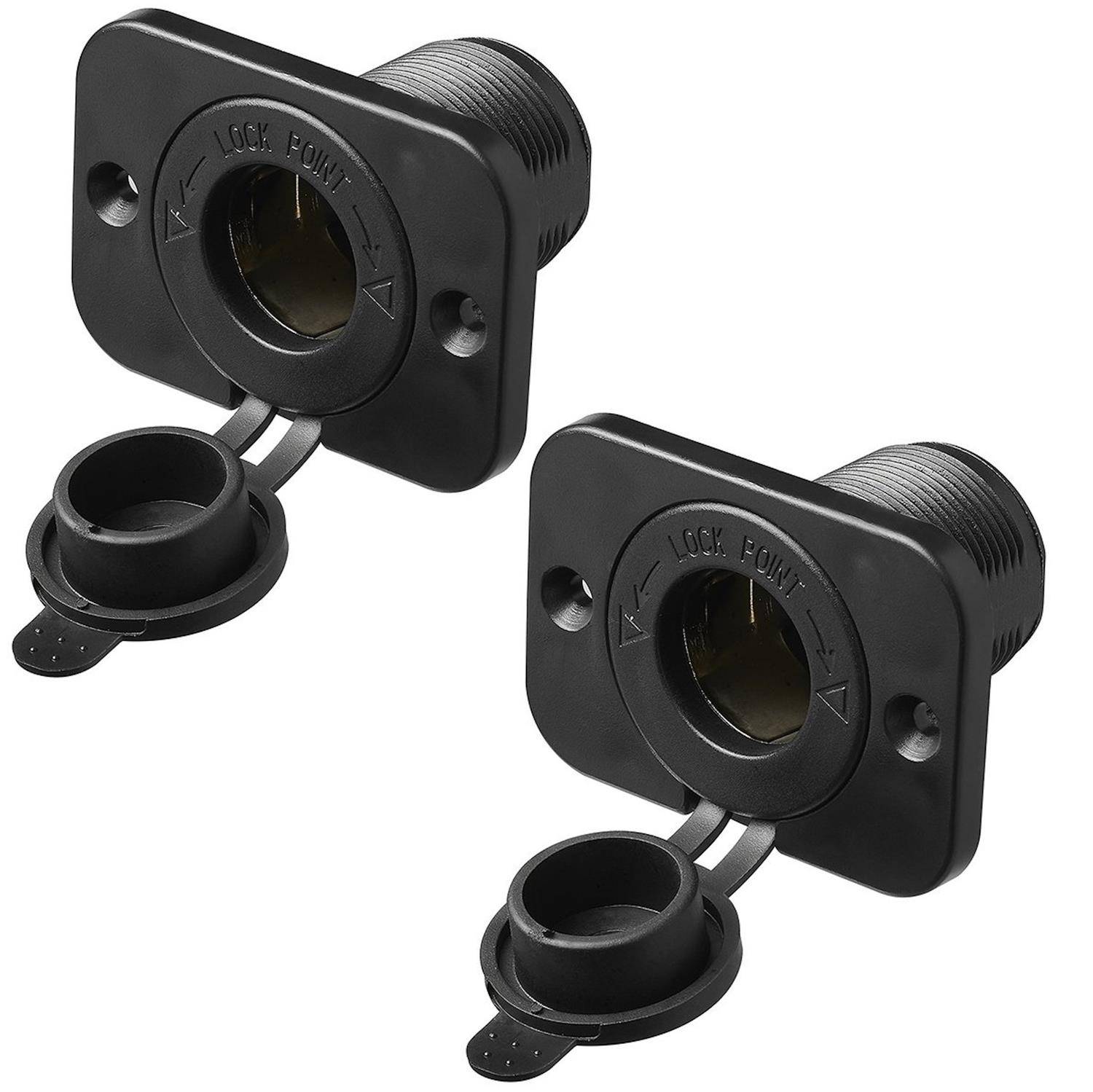 Zwei schwarze elektrische Steckdosen mit Sicherheitsdeckeln, entwickelt für sichere Stromverbindungen. Jede verfügt über einen runden Deckel, der geschlossen werden kann.