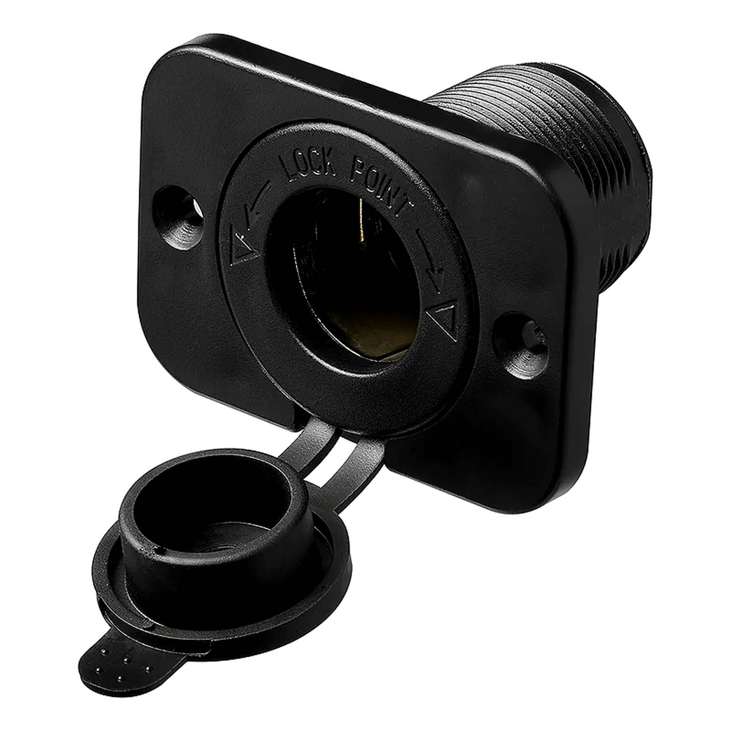 Ein schwarzer Kunststoff-Stromanschluss mit einer Schutzkappe, beschriftet mit „LOCK POINT