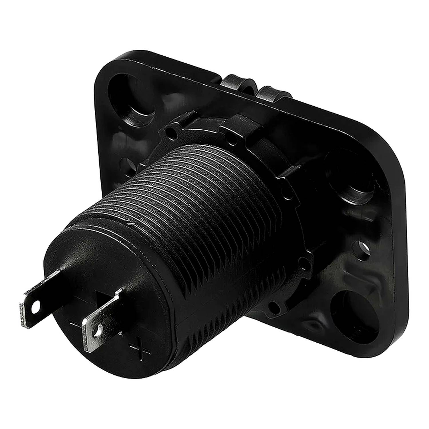 Eine schwarze zylindrische DC-Netzbuchse mit Metallstiften, die mit '+' und '-' gekennzeichnet sind und für die Paneelmontage vorgesehen ist. Geeignet für elektronische Geräte.