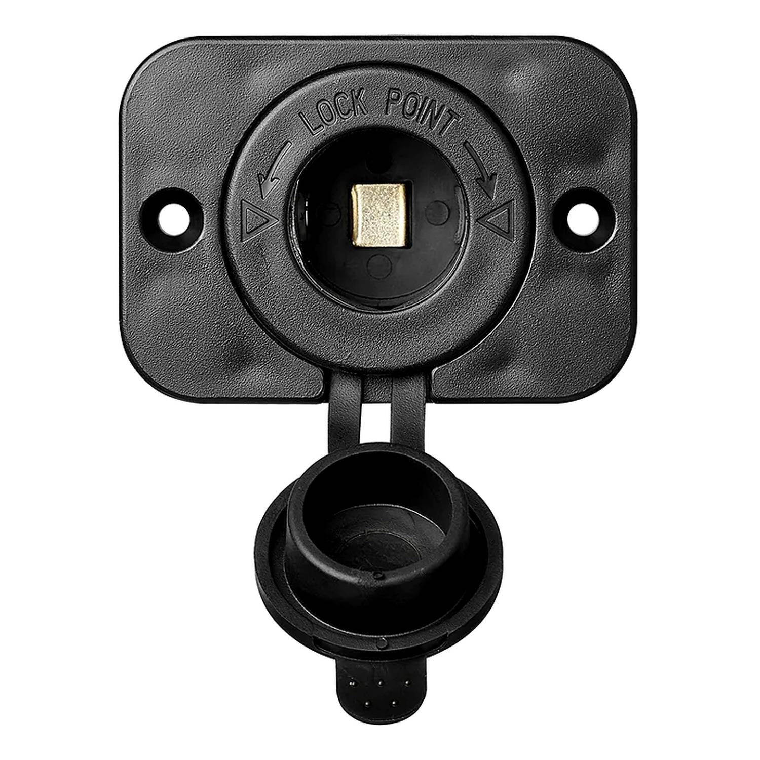 Eine schwarze kreisförmige Steckdose mit einer Schutzkappe und der Beschriftung „LOCK POINT