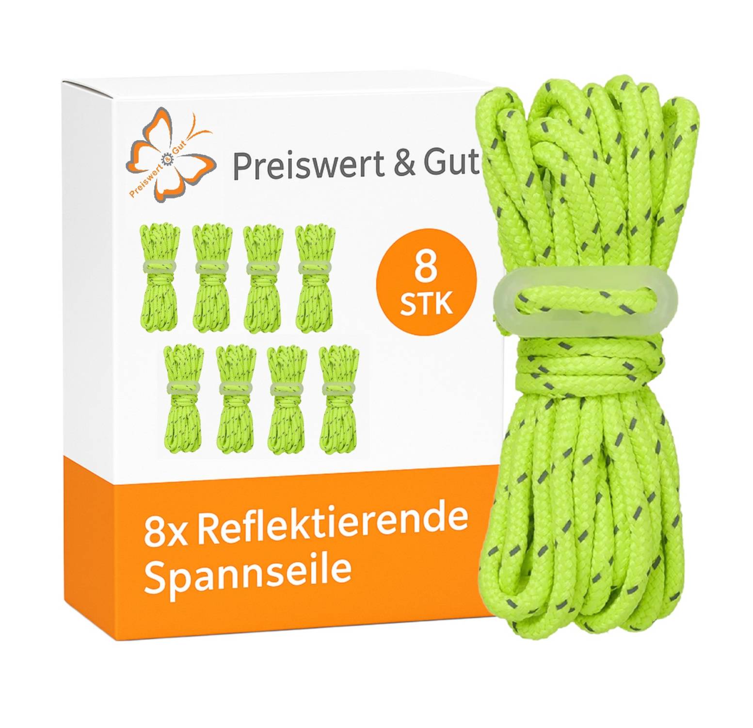8x Reflektierende Spannseile' Verpackung mit grünen reflektierenden Seilen und einem Schmetterlings-Logo.