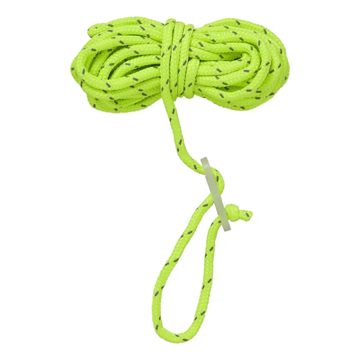 Hellgrünes Seil, mit einer losen Schlinge am Ende aufgewickelt, mit kleinen schwarzen Sprenkeln versehen, für verschiedene Outdoor- oder Zweckmäßigkeitsanwendungen.