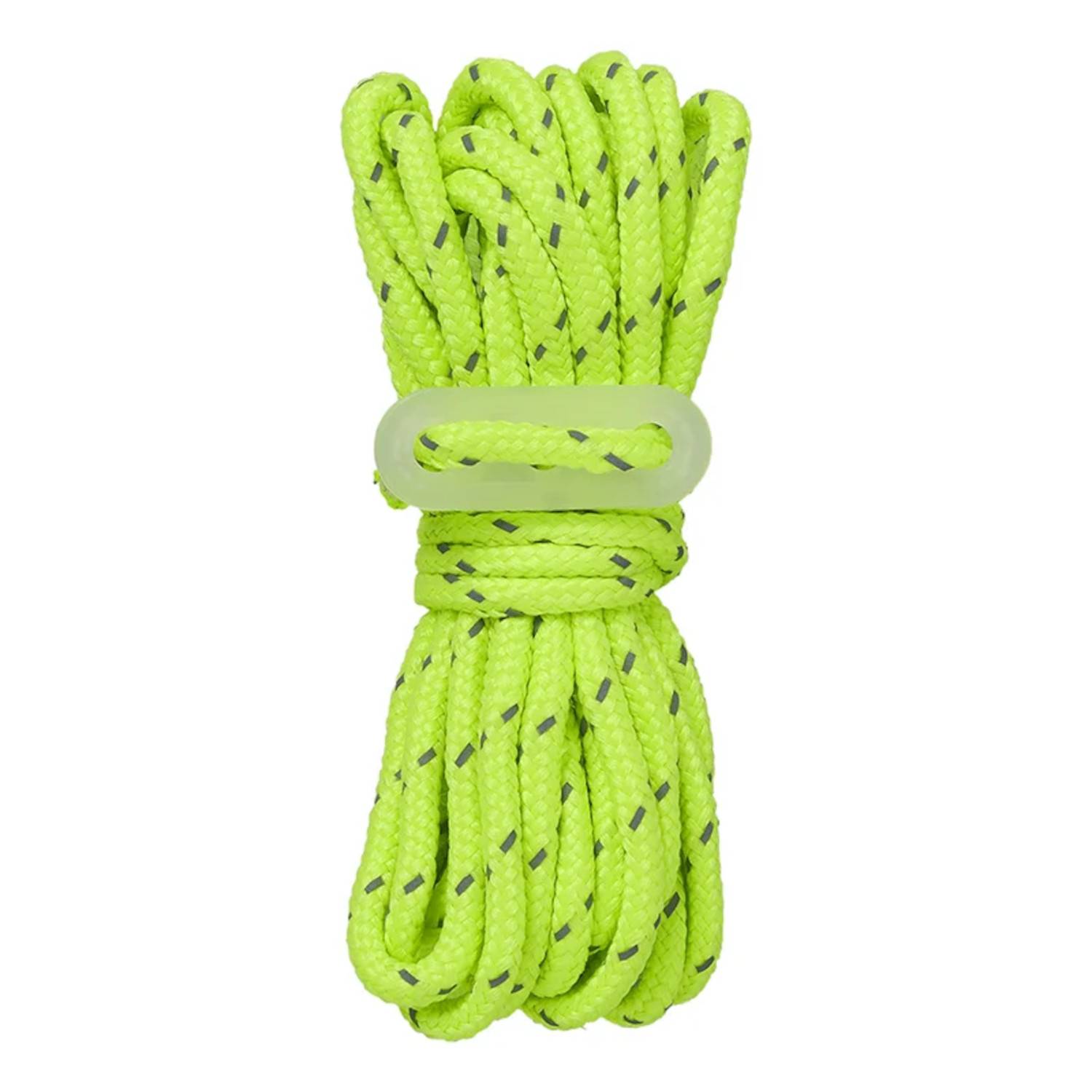 Aufgewickeltes neongrünes Seil mit schwarzem Punktmuster, mit einer Kunststoffschlaufe befestigt.