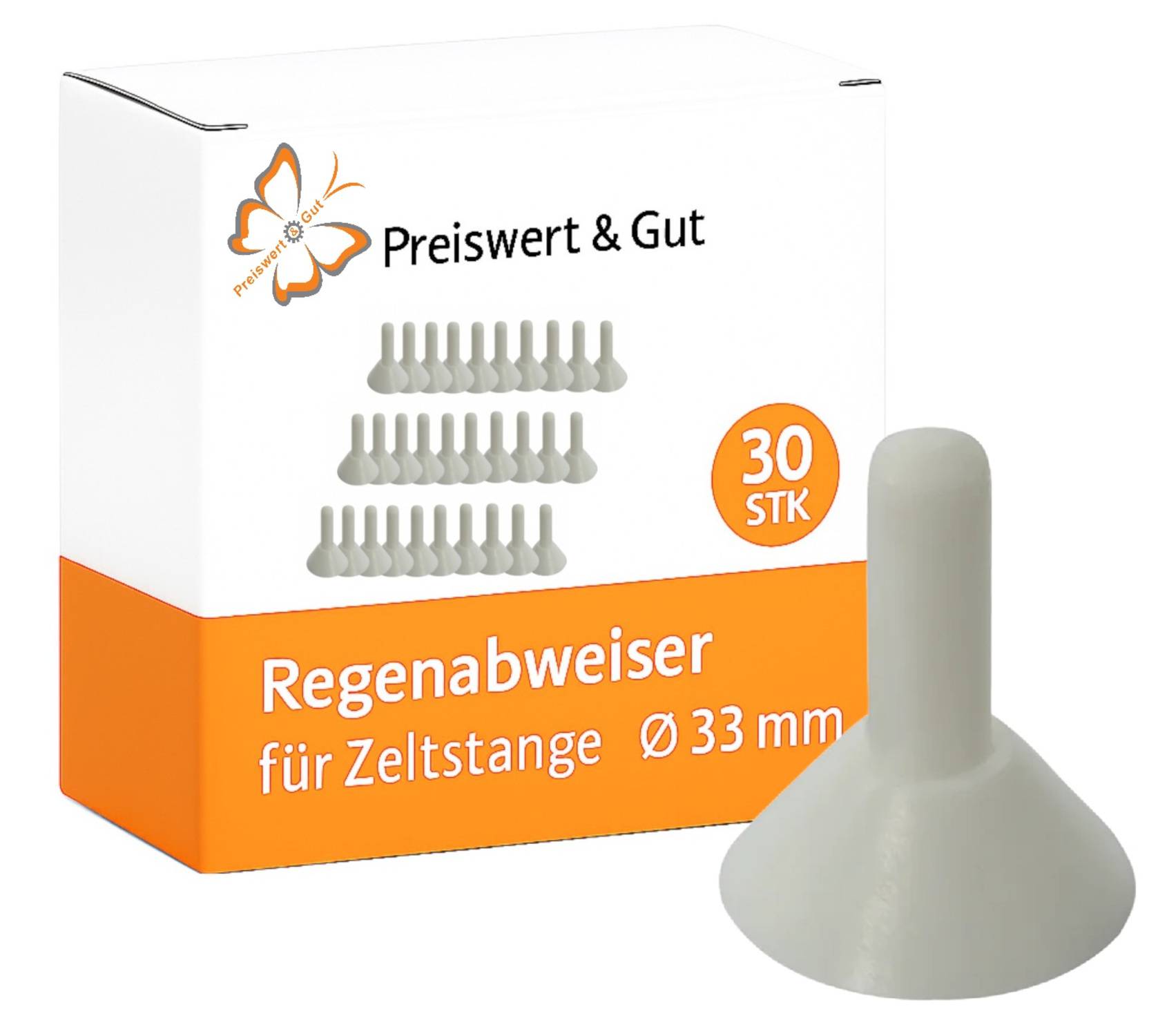 Regenabweiser Produktverpackung mit einem mützenförmigen Artikel für Zeltstangen, 30 Stück in einer Schachtel. Verpackung liest 