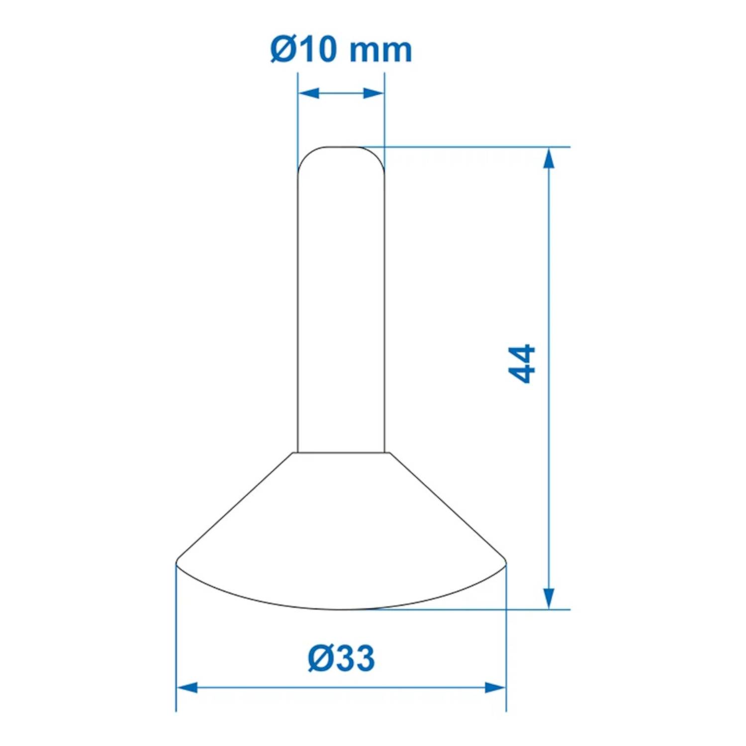 Technische Zeichnung einer Komponente mit einem zylindrischen Oberteil von 10 mm Durchmesser, 44 mm Höhe und einer konischen Basis mit 33 mm Durchmesser.