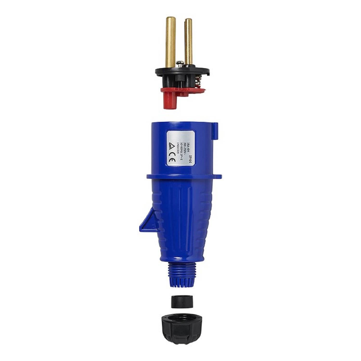 Ein blauer Hydraulikventil mit blauem Gehäuse, schwarzer Kappe und zwei bronzefarbenen Anschlüssen. Der obere Abschnitt ist zerlegt und zeigt die Innenteile.