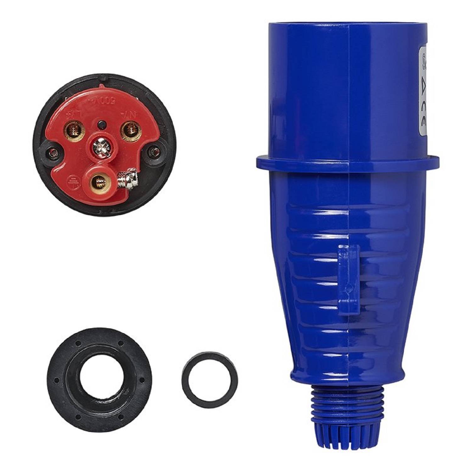 Ein blauer industrieller elektrischer Stecker mit beschrifteten Anschlusspunkten, begleitet von einer Dichtung und einer Dichtscheibe, vor einem weißen Hintergrund.