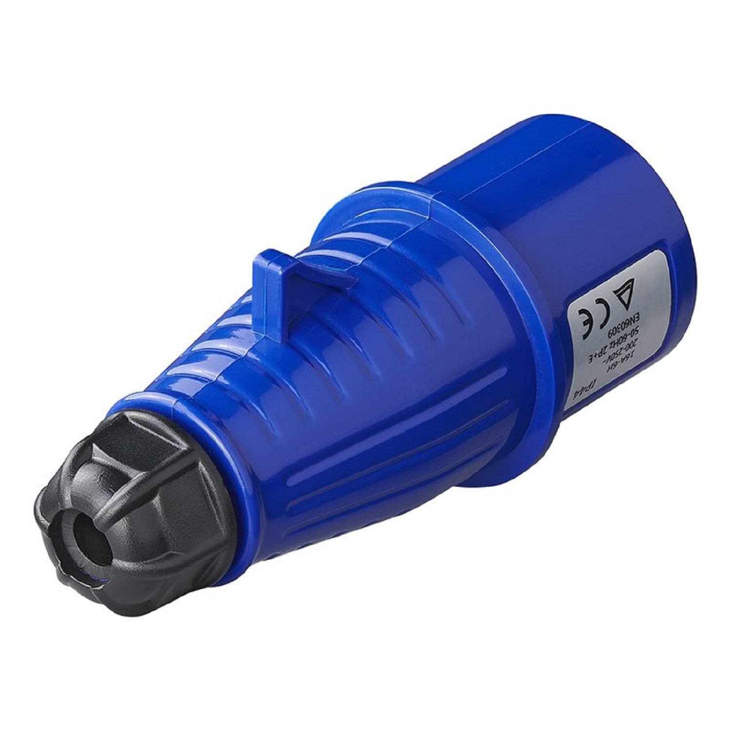 Ein blauer industrieller Stromstecker mit einer schwarzen gummierten Spitze und einer Etikette mit Zertifizierungszeichen.
