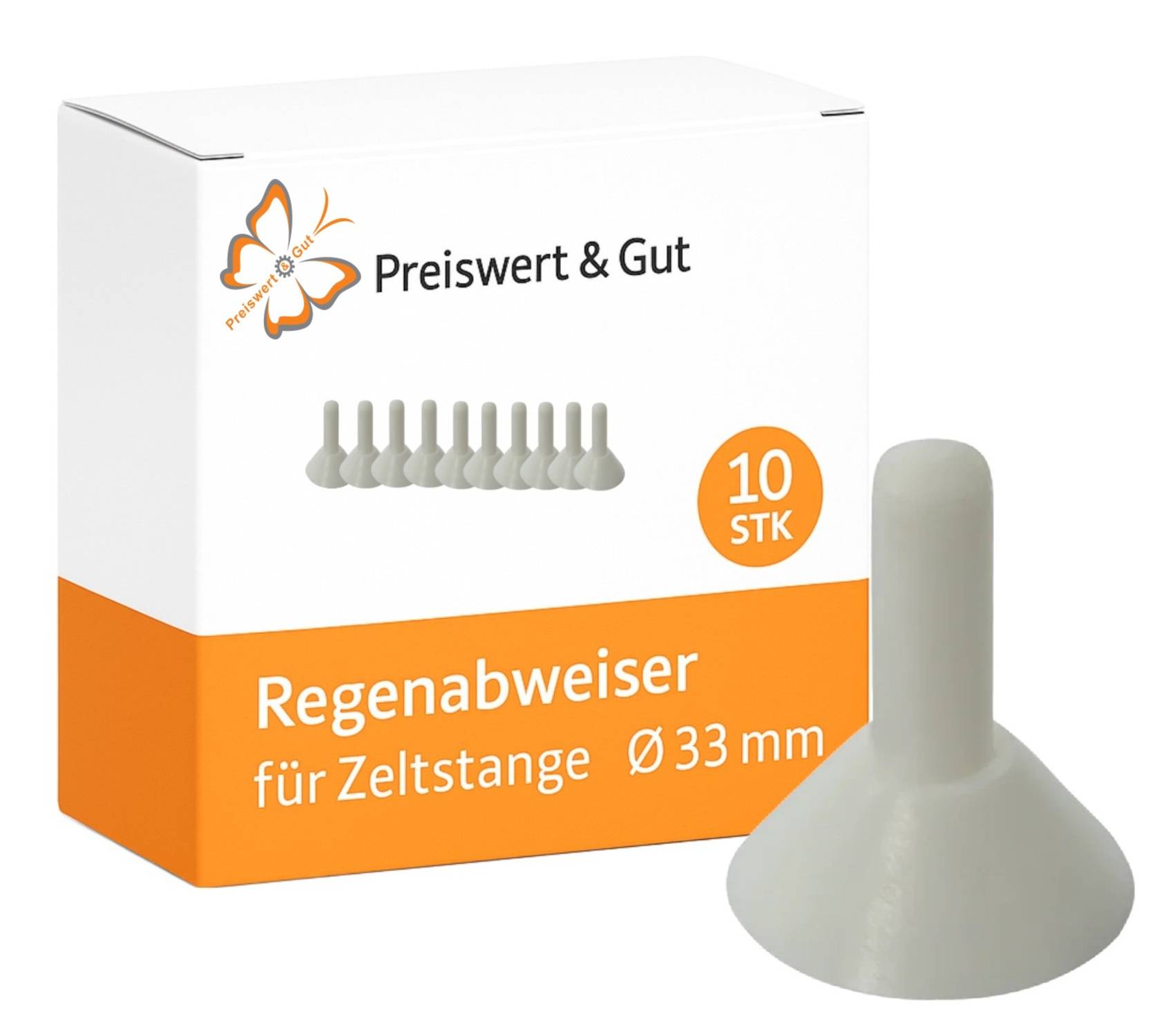 Preiswert & Gut' Zeltstangenregenabweiser, 33 mm, 10 Stück, in orange-weißer Verpackung.