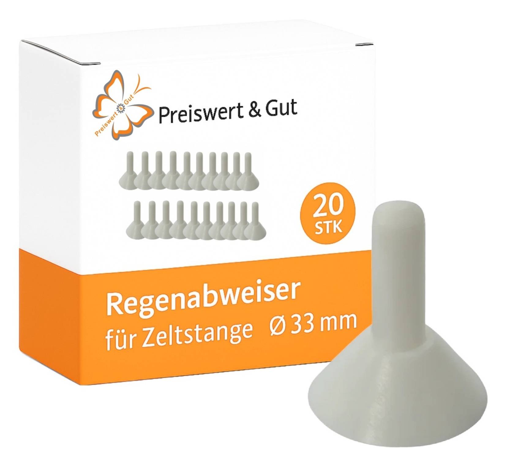 Karton mit 20 Zeltstangen-Regenschutzvorrichtungen, 33 mm Durchmesser, mit Aufschrift 'Regenabweiser für Zeltstange', Marke 'Preiswert & Gut'. Inklusive Schmetterlingslogo.