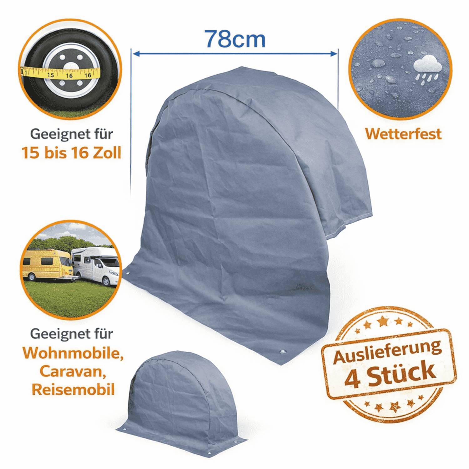 4x Radabdeckung Wohnwagen 15 - 16 Zoll Reifenabdeckung Wohnmobil Hülle Ø 78 cm