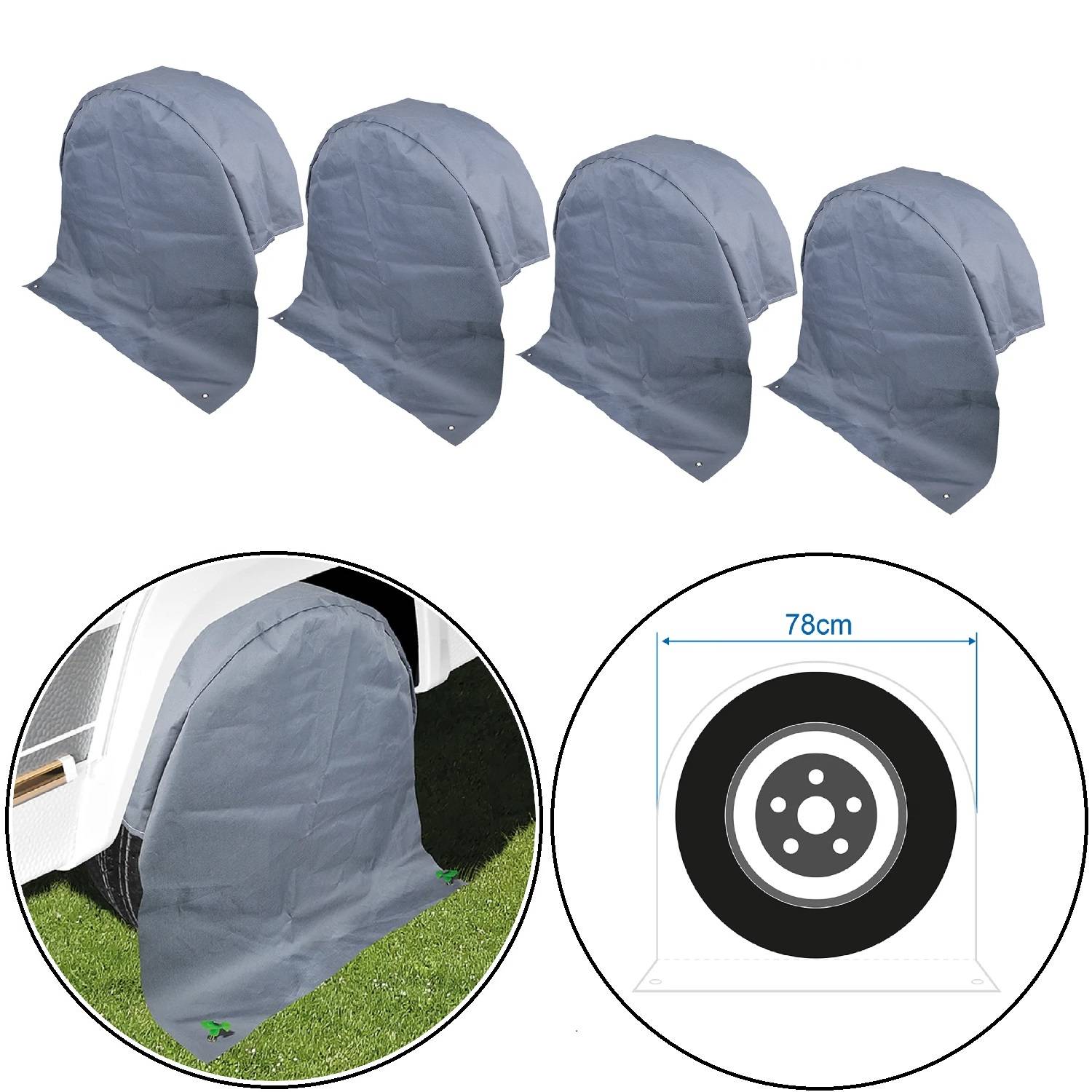 Satz von vier grauen Reifenschutzhüllen für den Außeneinsatz. Enthält eine Diagram mit Maßangaben: 78 cm Durchmesser, sowie ein Bild einer Schutzhülle auf einem Reifen.