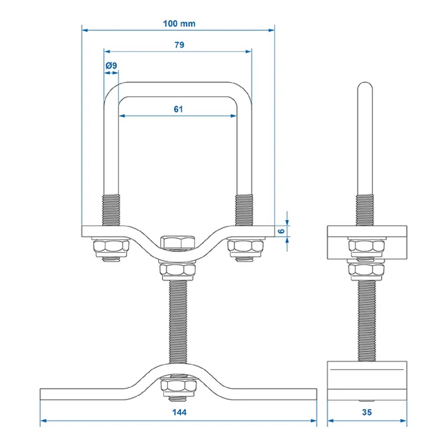 U-Bolzen-Baugruppediagramm mit Maßen: 100 mm Breite, 79 mm innere Länge, 61 mm innere Breite, 9 mm Bolzendurchmesser und Muttern/Scheiben.