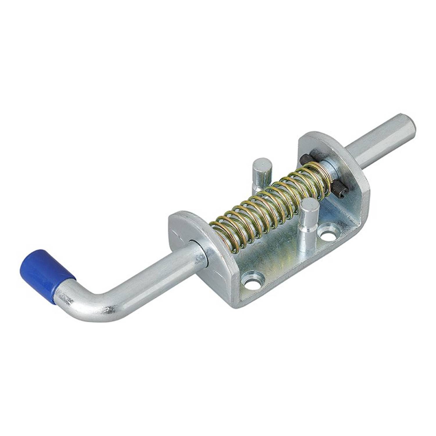 Metallischer Fassriegel mit Federmechanismus, ausgestattet mit einem blauen Griff.