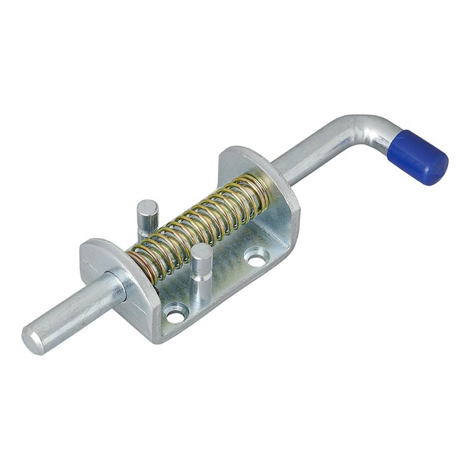 Federnder Türriegel in Silber mit blauem Griff, zum Sichern von Türen. Er verfügt über Montagelöcher zur Installation.