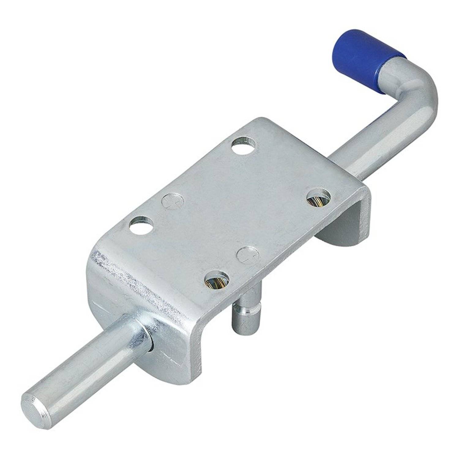 „Ein silberner Metallriegel mit einer blauen Kunststoffkappe, der einen Schieberiegel und Befestigungslöcher zum Sichern von Türen oder Toren aufweist.