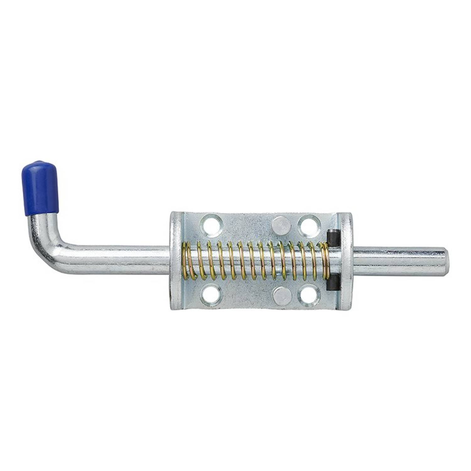 Ein Metallbolzenverschluss mit Federmechanismus, ausgestattet mit einer blauen Kunststoffkappe am Griff für einen leichten Halt.