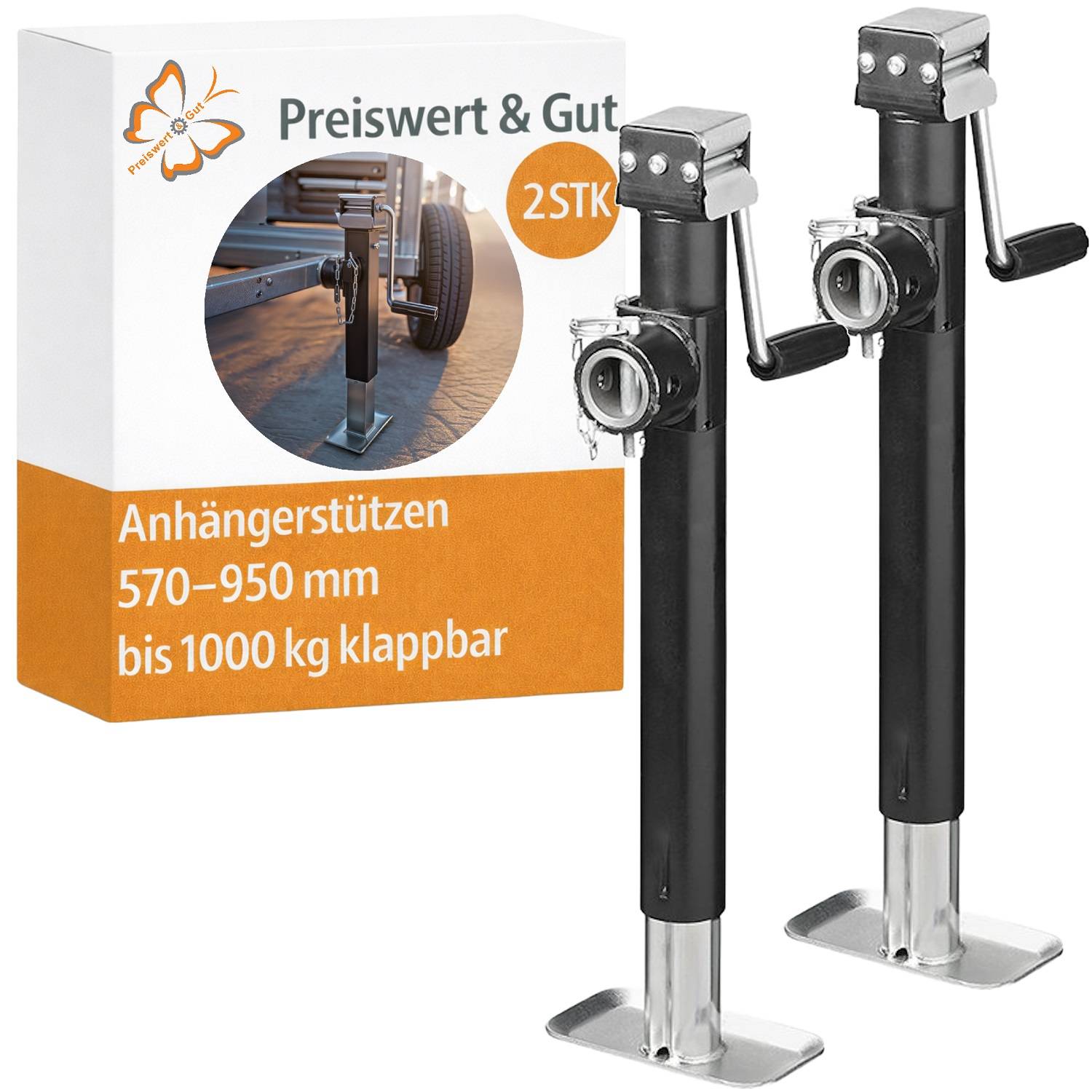 Anhängerstützen 570-950 mm bis 1000 kg klappbar. Zwei verstellbare Anhängerstützen mit manueller Kurbel, neben der Produktverpackung.