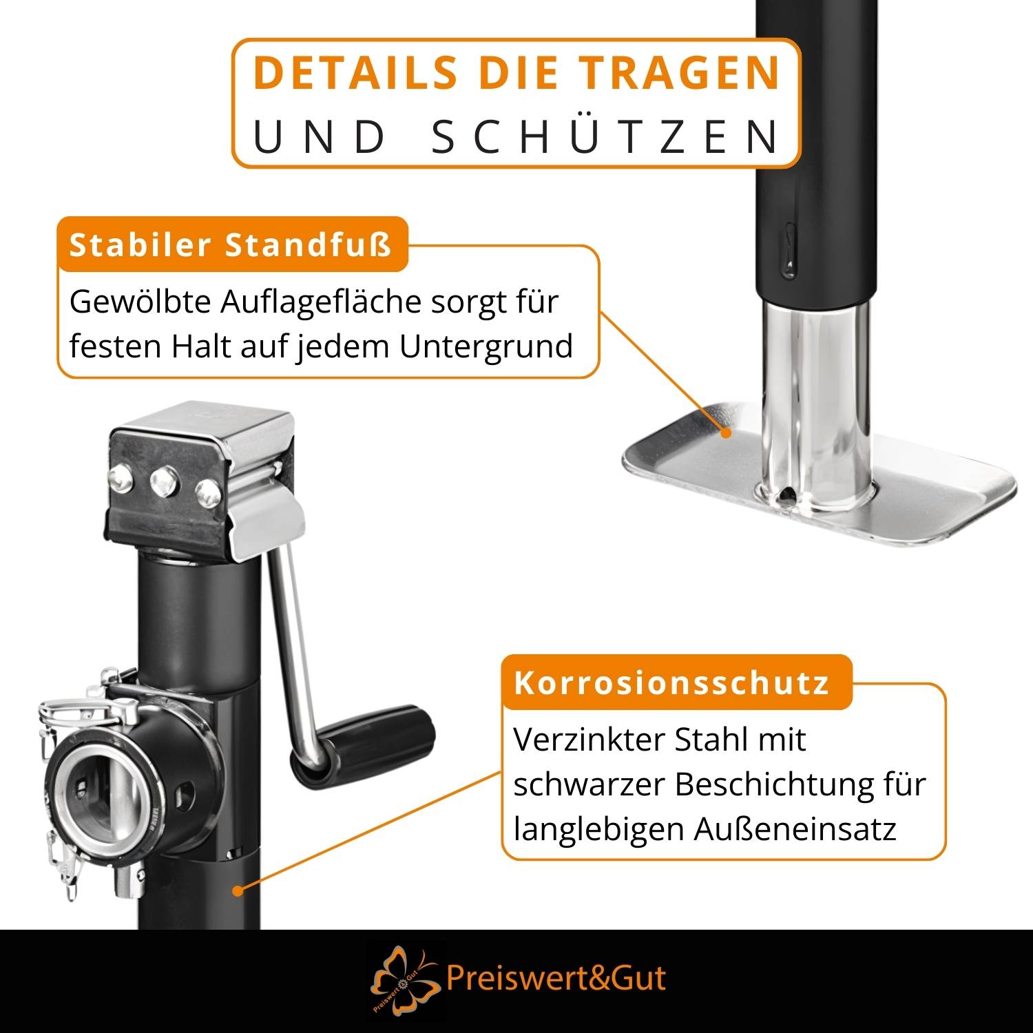 Ein Vergleich zweier Metallstützen zur Veranschaulichung von Stabilität und Korrosionsbeständigkeit. Links: Seitenstütze mit Verstellmechanismus; rechts: Rundstütze mit flacher Basis.
