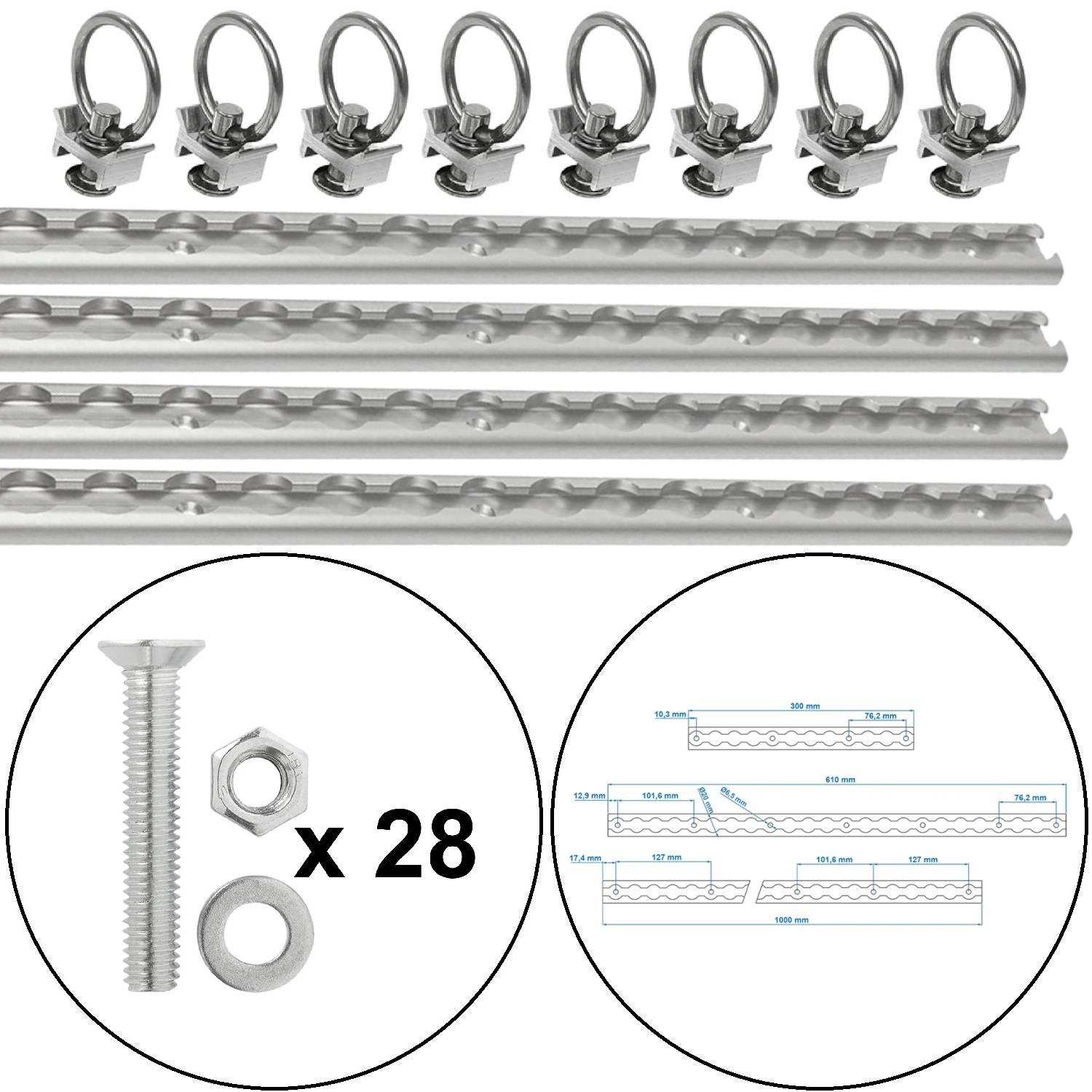 Satz von acht Metallösen mit Montagehalterung, vier langen Spiralstangen sowie beiliegenden Sechskantschrauben und Muttern, dargestellt mit schematischer Diagrammskizze zur Referenz.
