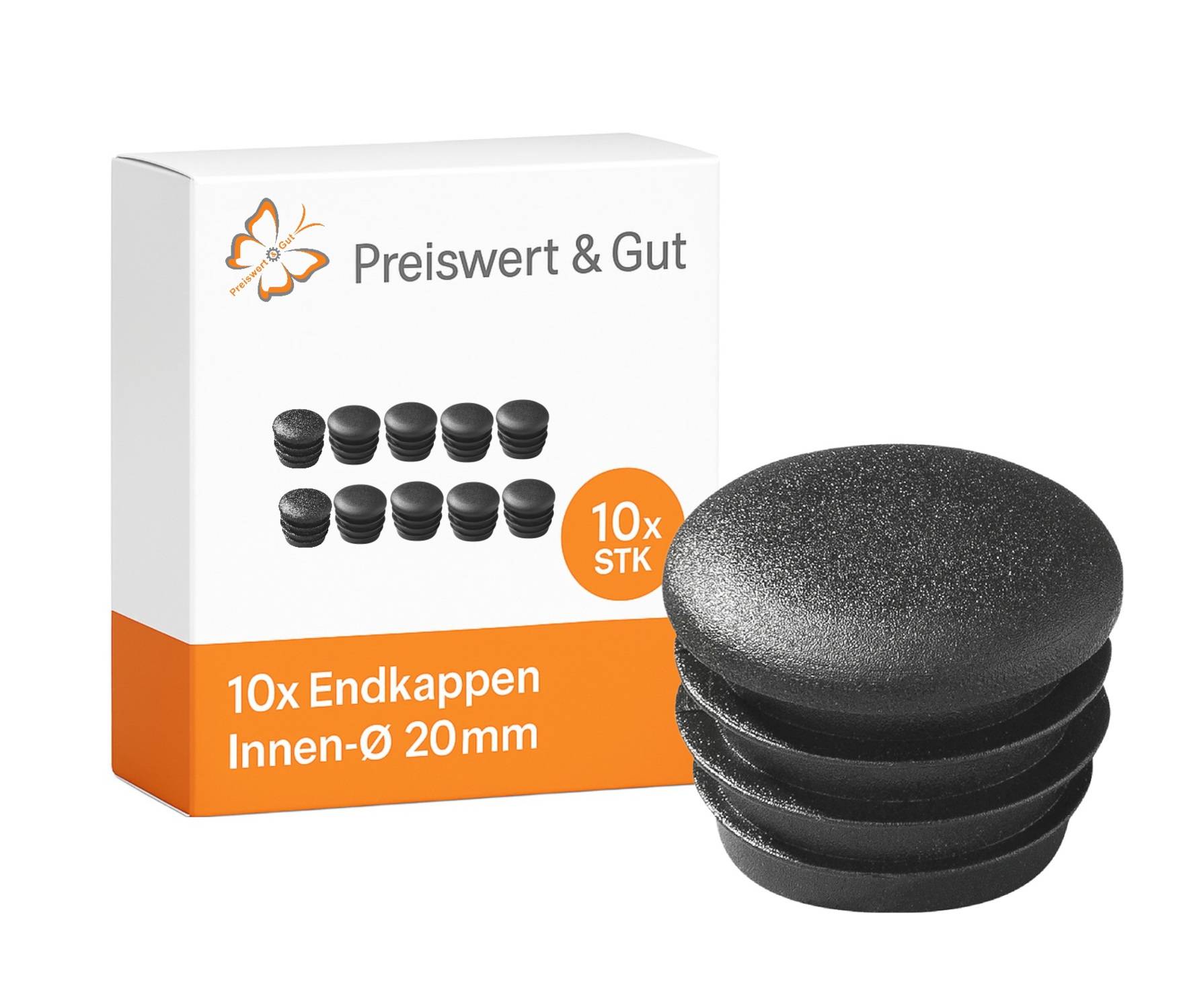 10 schwarze Endkappen, Innendurchmesser 20mm' Verpackung mit einem Schmetterlings-Logo und 'Preiswert & Gut' Branding. Karton zeigt einen Stapel von Kappen.