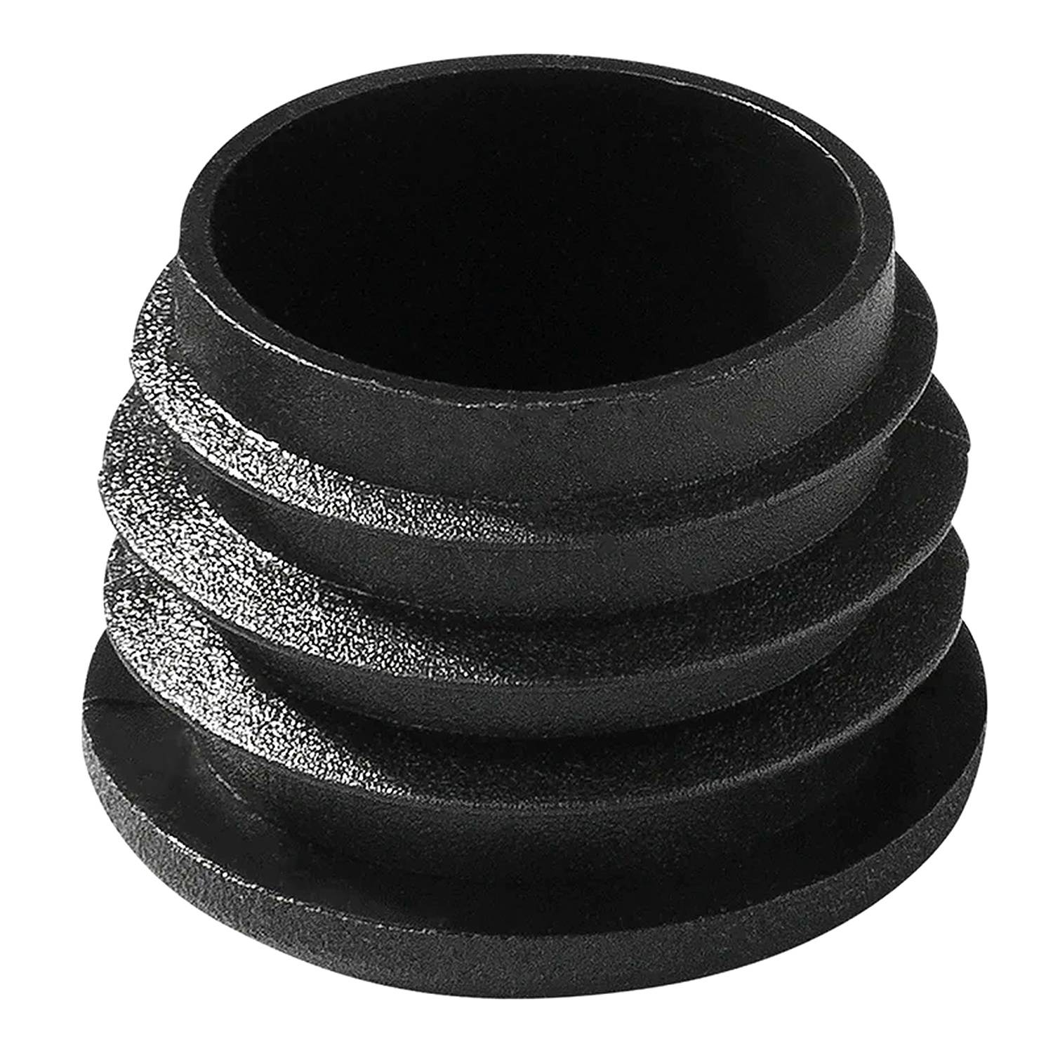 Eine schwarze, runde Kunststoffrohrkappe mit gerilltem Design, die üblicherweise verwendet wird, um offene Rohrenden zu versiegeln und einen abgeschlossenen Look sowie Schutz zu bieten.