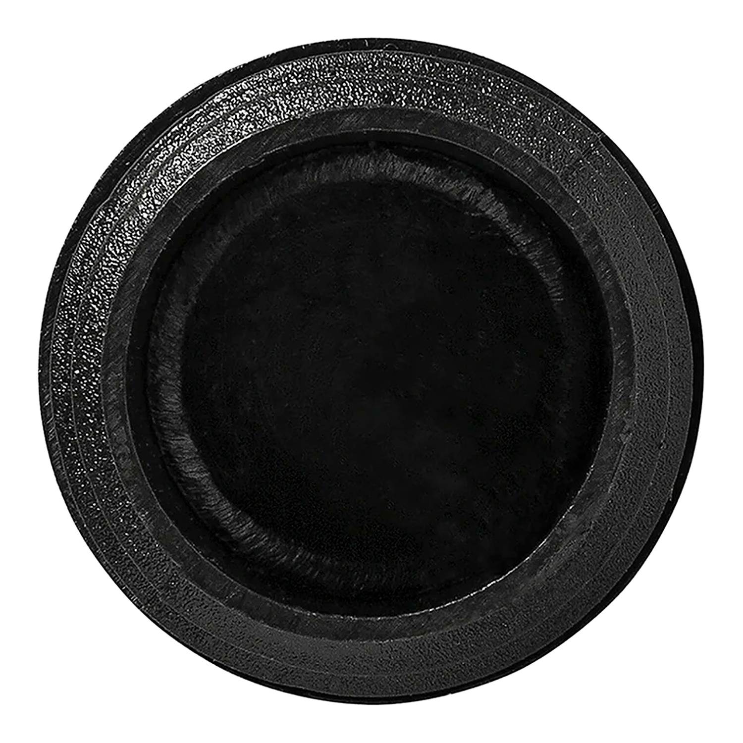 Eine runde, strukturierte, schwarze Oberfläche, möglicherweise eine Draufsicht auf einen zylindrischen Gegenstand oder Behälter.