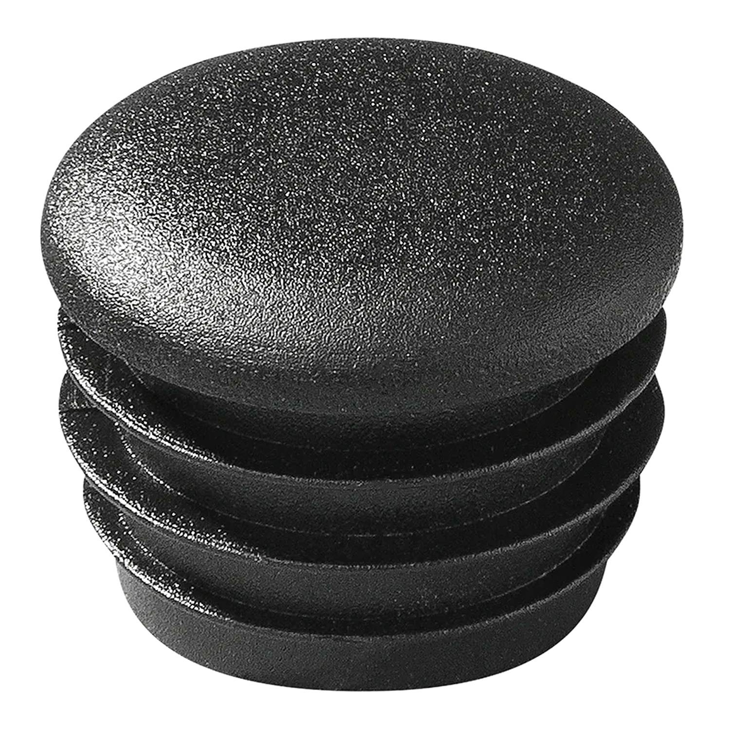 Eine schwarze Kunststoff-Endkappe mit rundem Oberteil und drei Rillen, die für Rohrgestell-Möbelbeine entwickelt wurde und einen Schutz- und dekorativen Abschluss bietet.