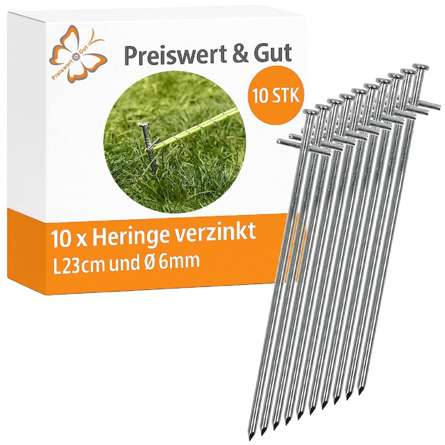 10x Heringe verzinkt L23cm und Ø6mm Zeltheringe mit Quernagel und Nagelkopf Silber Hering zum Vorzeltteppich befestigen