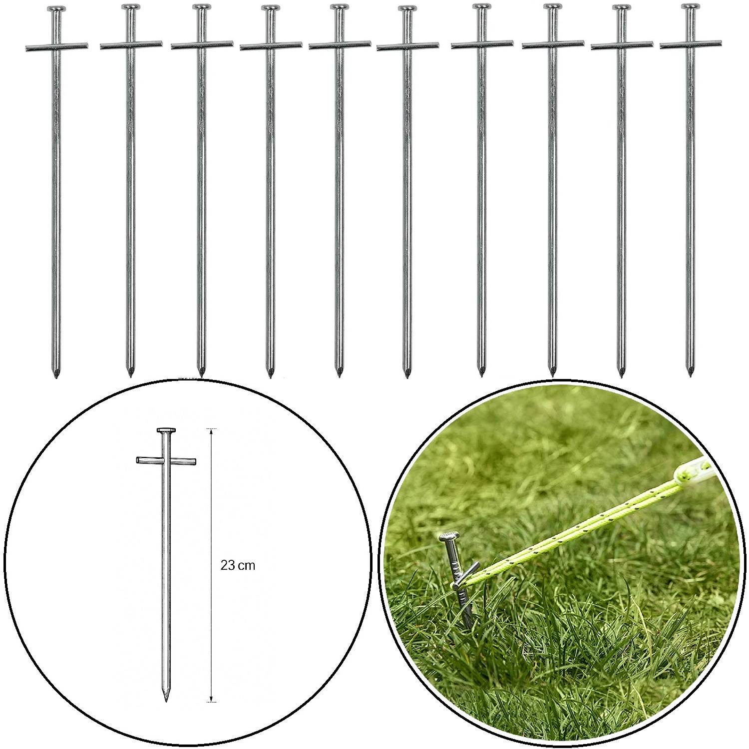 10er-Set Stahlheringe von 23 cm; ideal zur Befestigung von Zelten oder Planen. Oberes Bild zeigt die Heringe; untere Bilder zeigen Maße des Herings und einen im Einsatz.