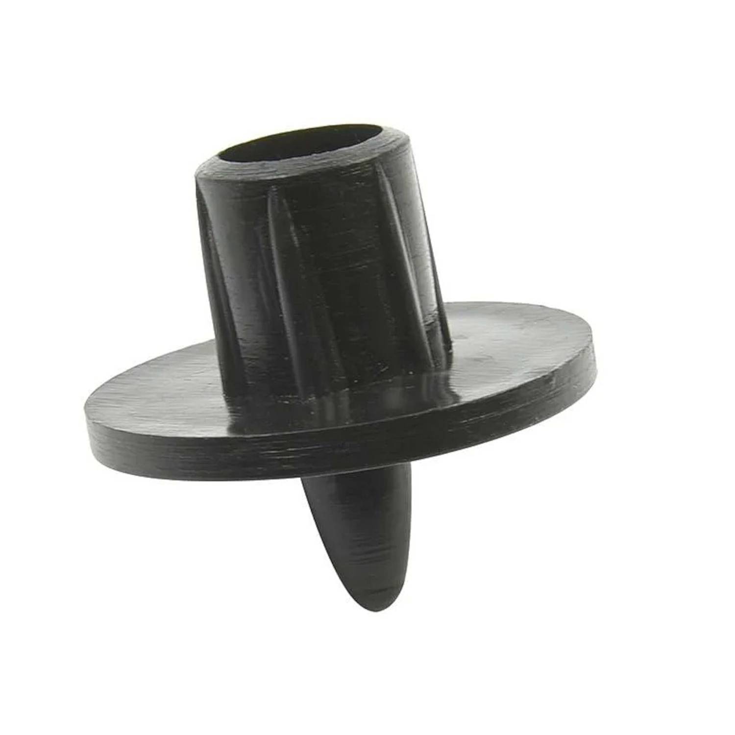 Ein schwarzer Kunststoff-Möbelgleiter mit einem verjüngten Stift und flacher Scheibenunterlage, entwickelt zum Schutz von Böden und zur Erleichterung des reibungslosen Bewegens von Möbeln.