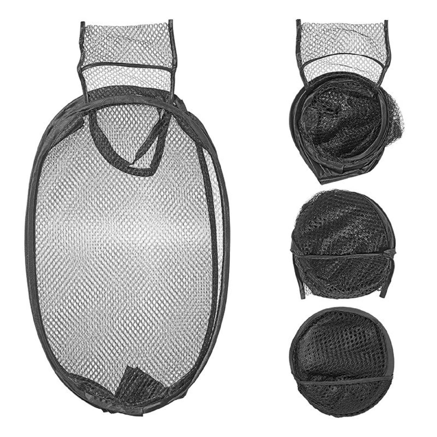 Zusammenklappbarer schwarzer Wäschekorb aus Netzstoff, dargestellt in ausgefahrener Form und verschiedenen Faltphasen; zeigt Transportfähigkeit und kompakte Lagerungsmöglichkeit.