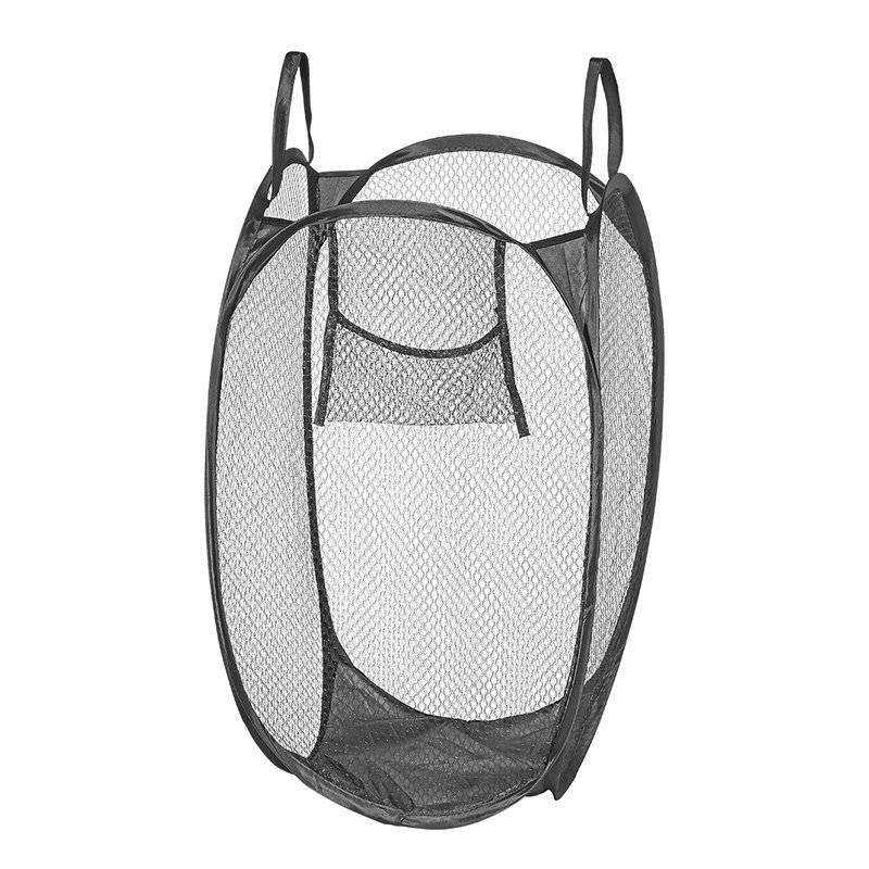 Schwarzer, zusammenklappbarer Wäschekorb aus Netzstoff mit zwei Griffen, offener Oberkante und Standfläche zum Sammeln und Transportieren von Kleidung.